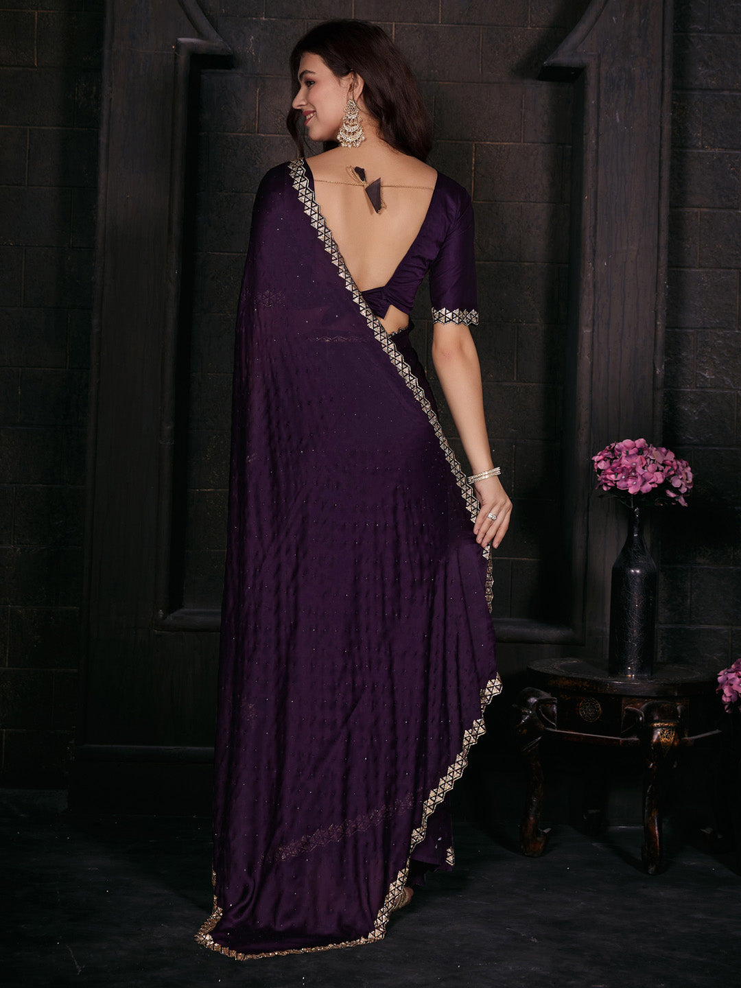 Satin Silk Purple Embellished Designer Saree With Blouse