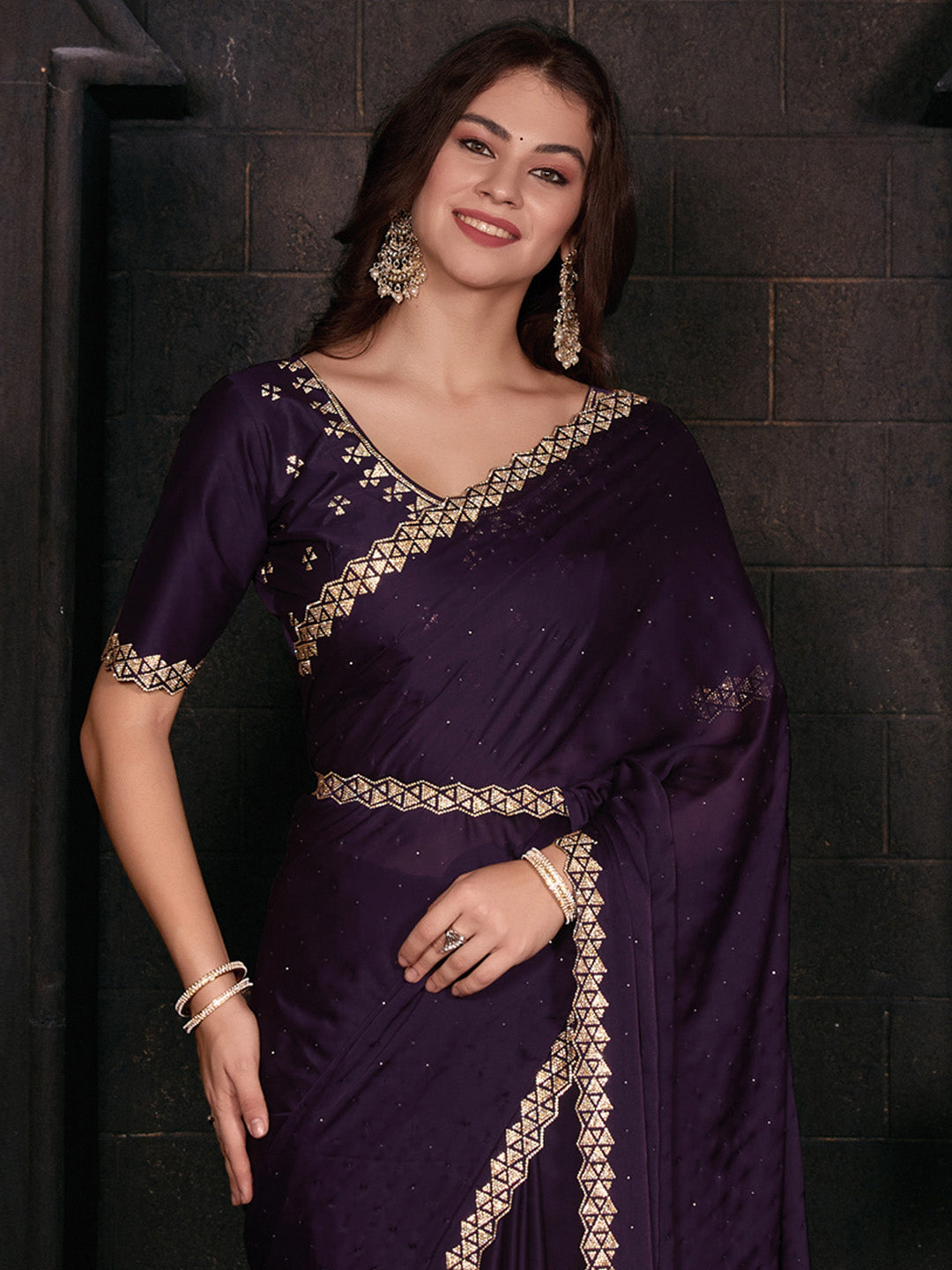 Satin Silk Purple Embellished Designer Saree With Blouse