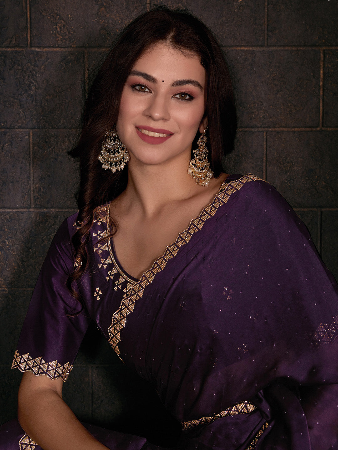 Satin Silk Purple Embellished Designer Saree With Blouse