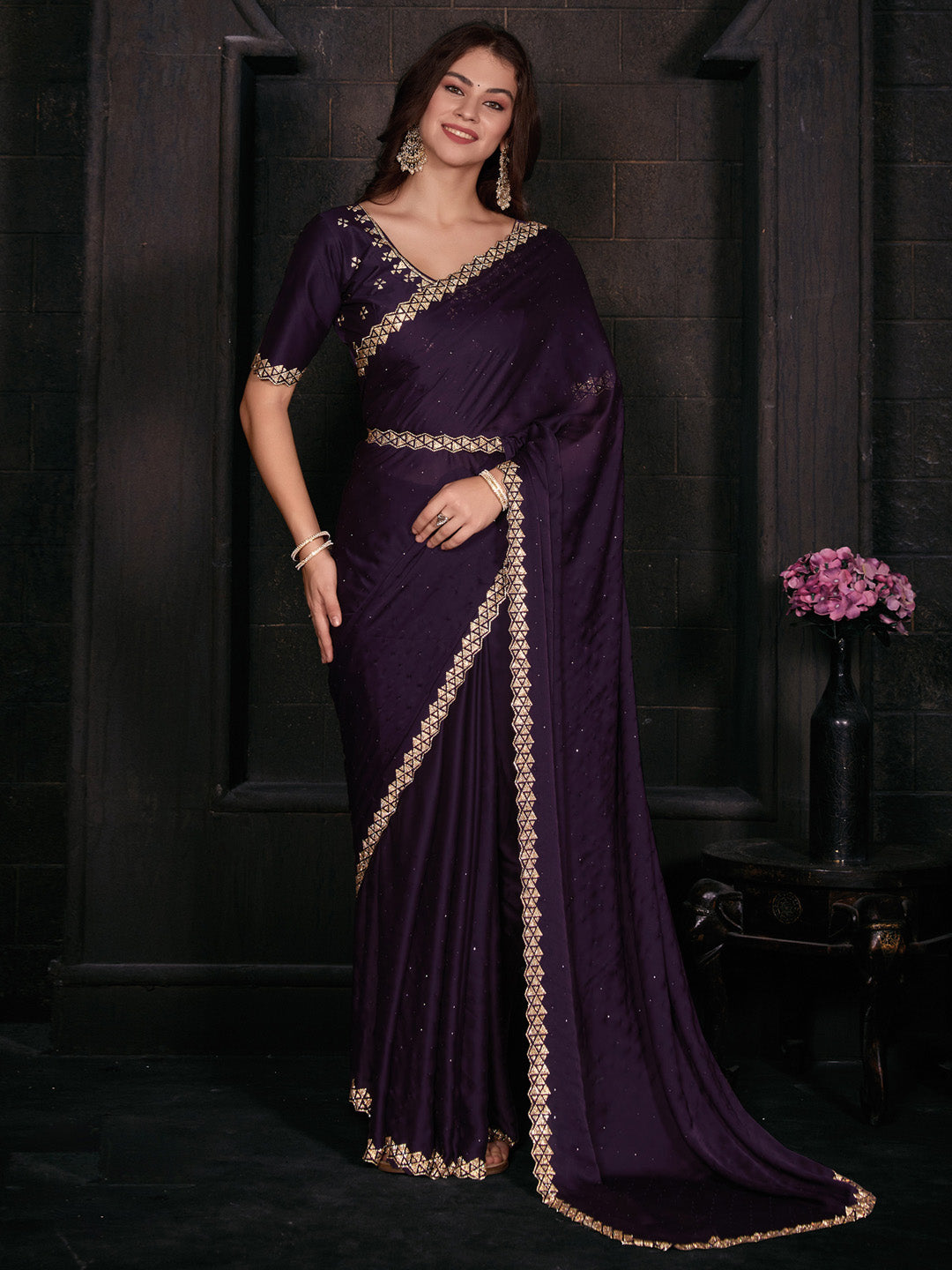 Satin Silk Purple Embellished Designer Saree With Blouse