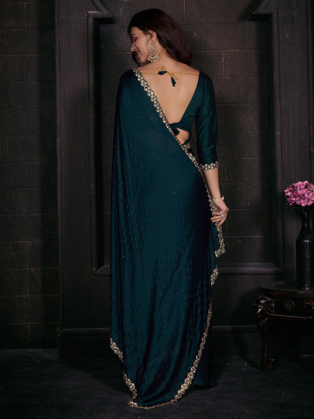 Satin Silk Teal blue Embellished Designer Saree With Blouse