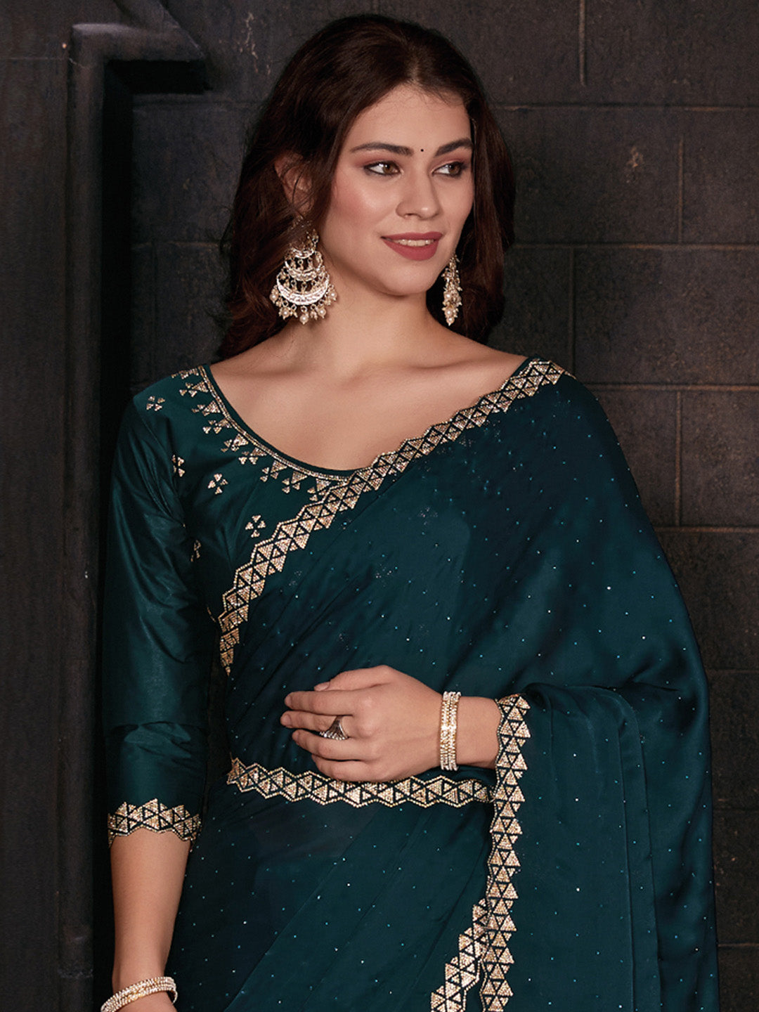 Satin Silk Teal blue Embellished Designer Saree With Blouse