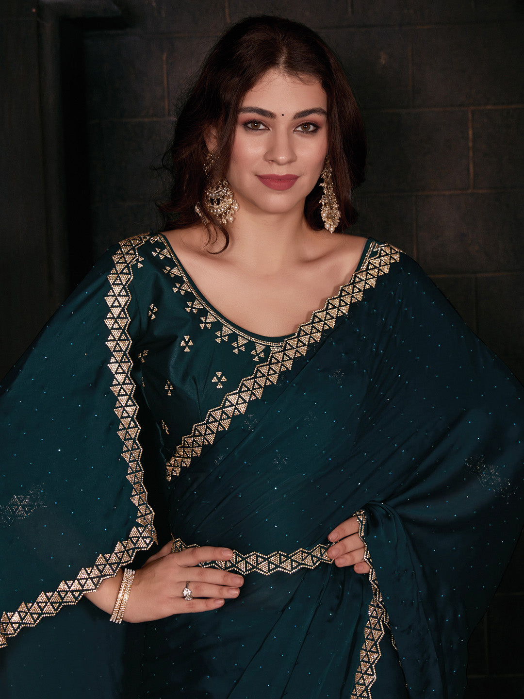 Satin Silk Teal blue Embellished Designer Saree With Blouse