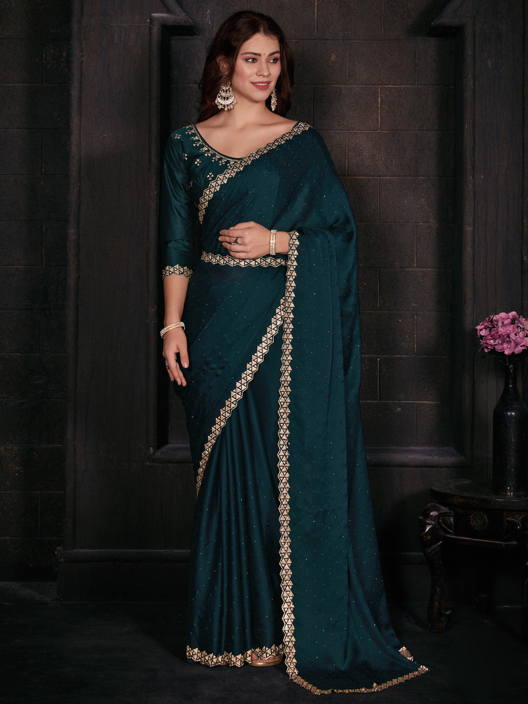 Satin Silk Teal blue Embellished Designer Saree With Blouse