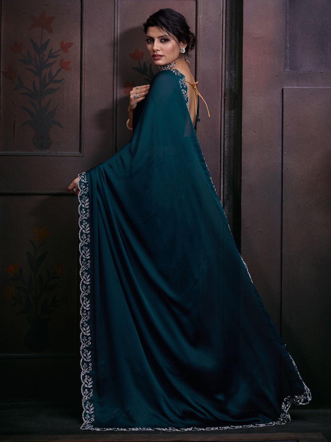 Chiffon Teal blue Embellished Designer Saree With Blouse