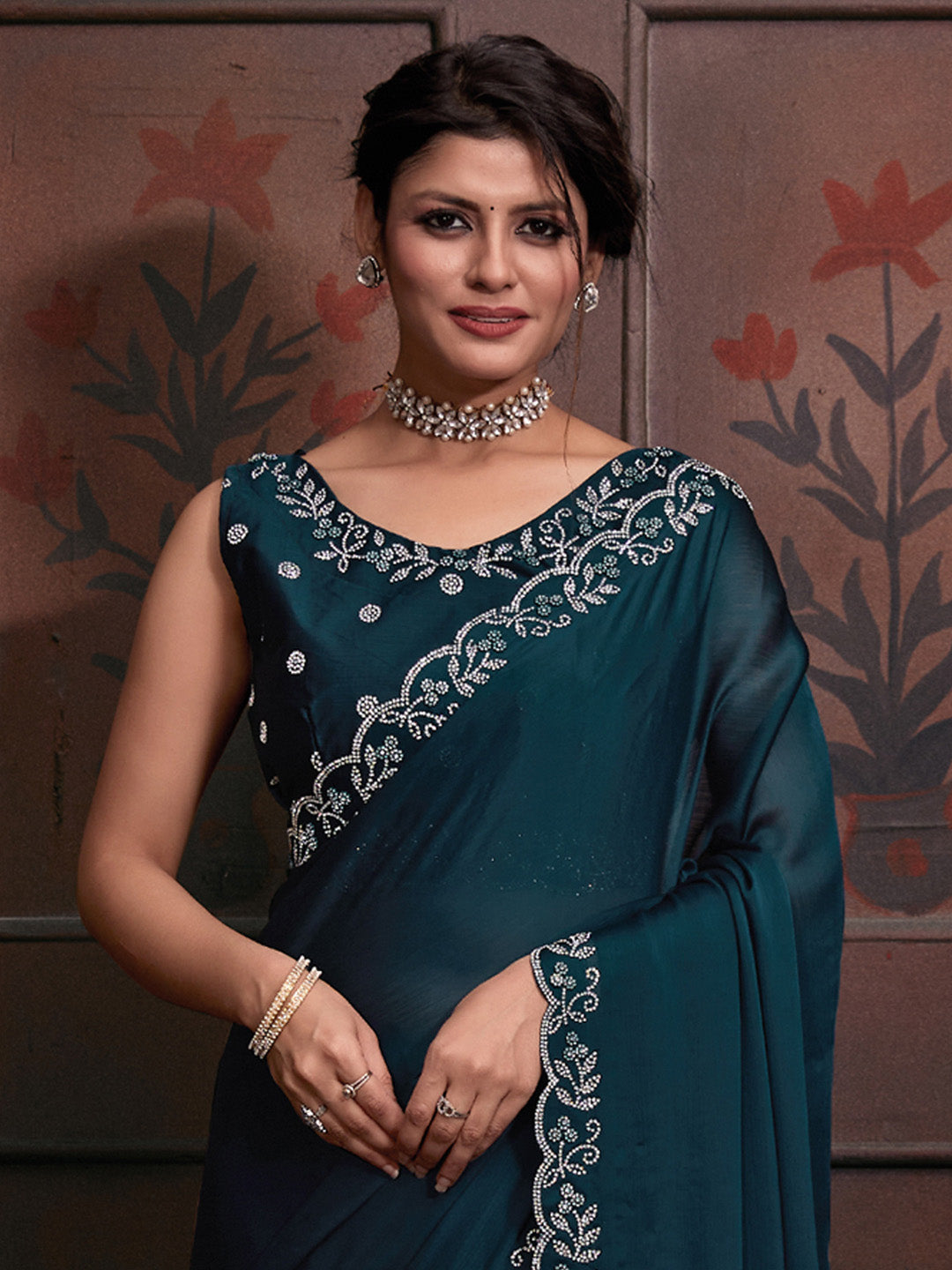 Chiffon Teal blue Embellished Designer Saree With Blouse