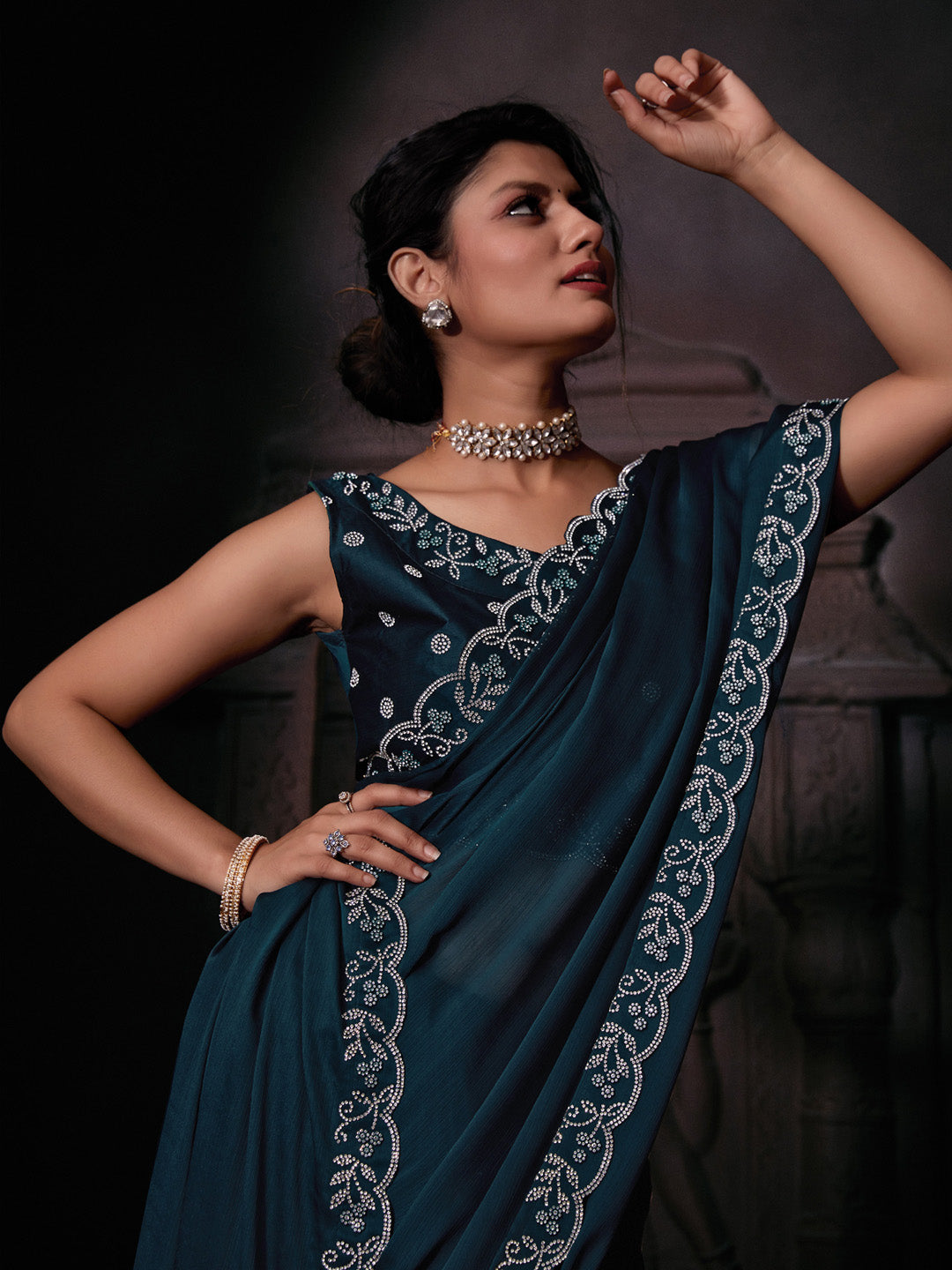 Chiffon Teal blue Embellished Designer Saree With Blouse