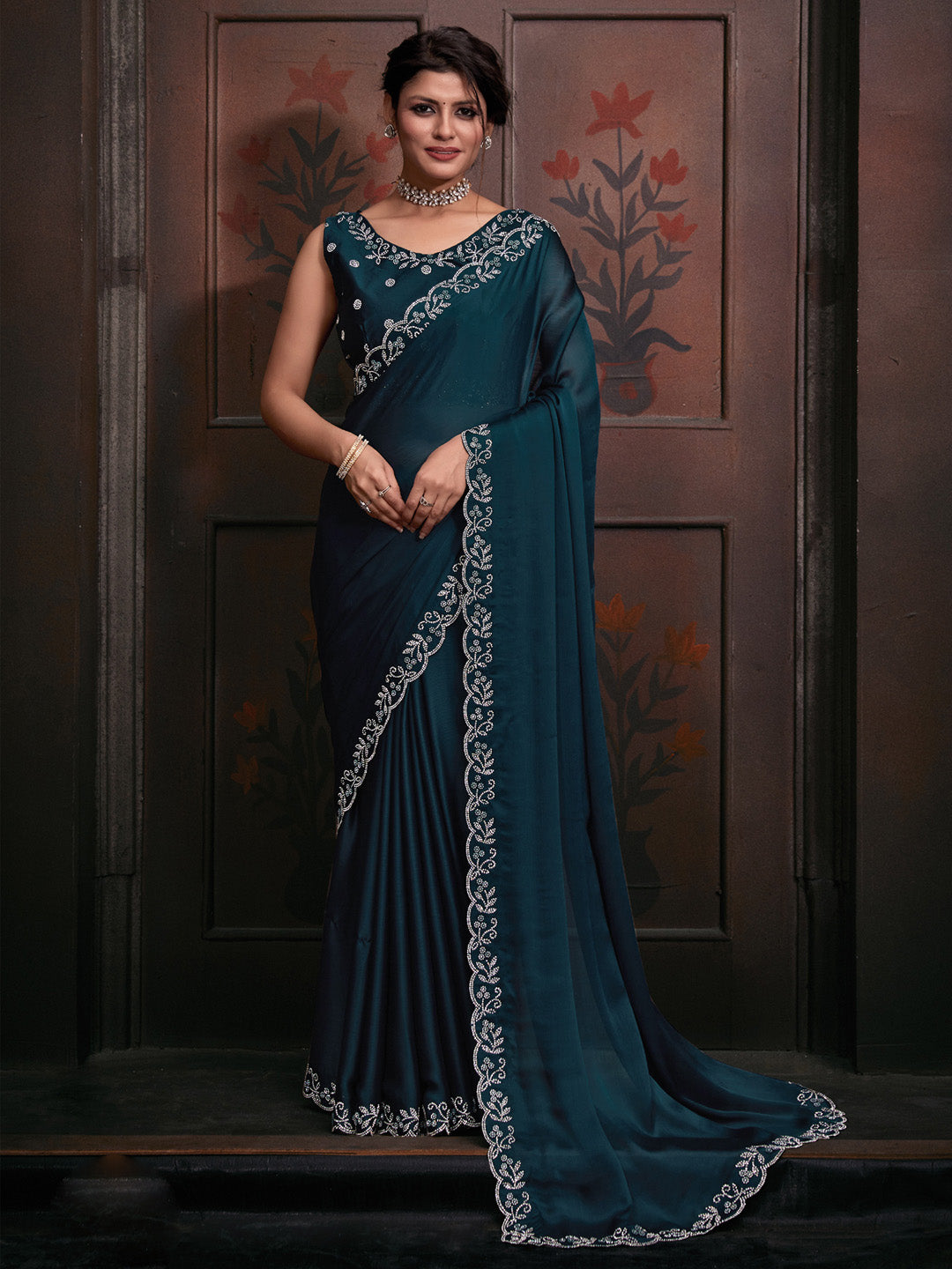 Chiffon Teal blue Embellished Designer Saree With Blouse