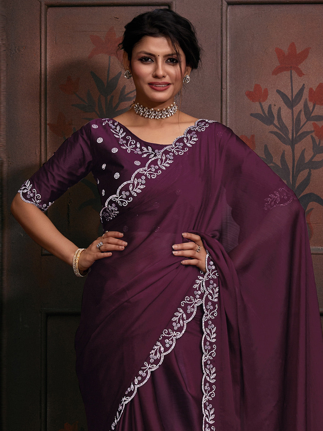 Chiffon Magenta Embellished Designer Saree With Blouse