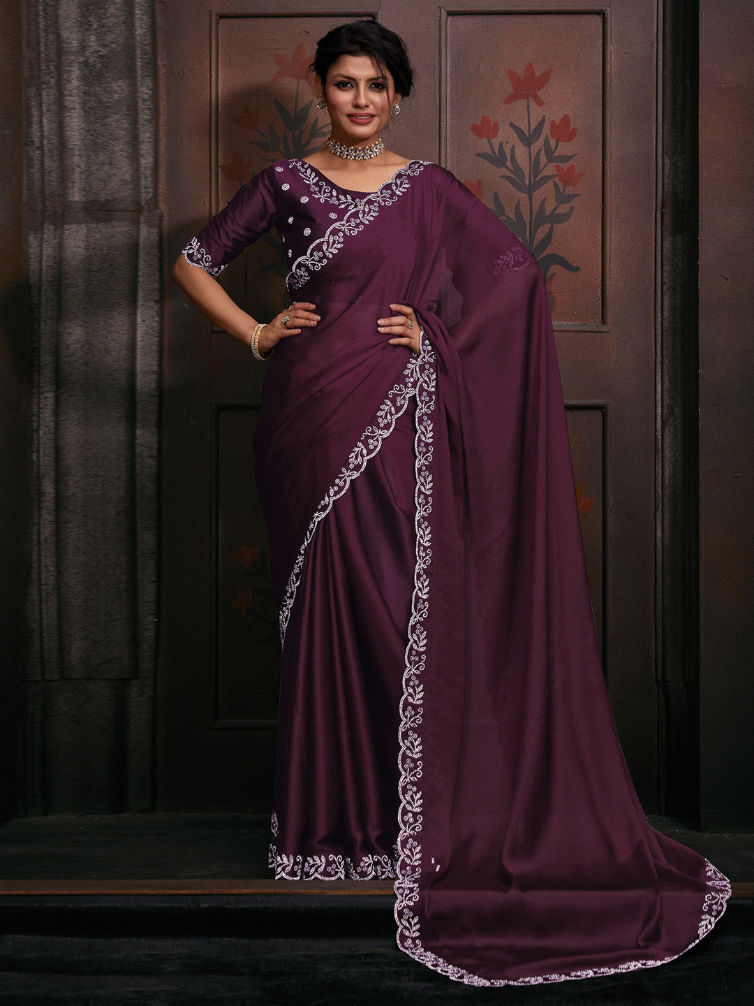 Chiffon Magenta Embellished Designer Saree With Blouse