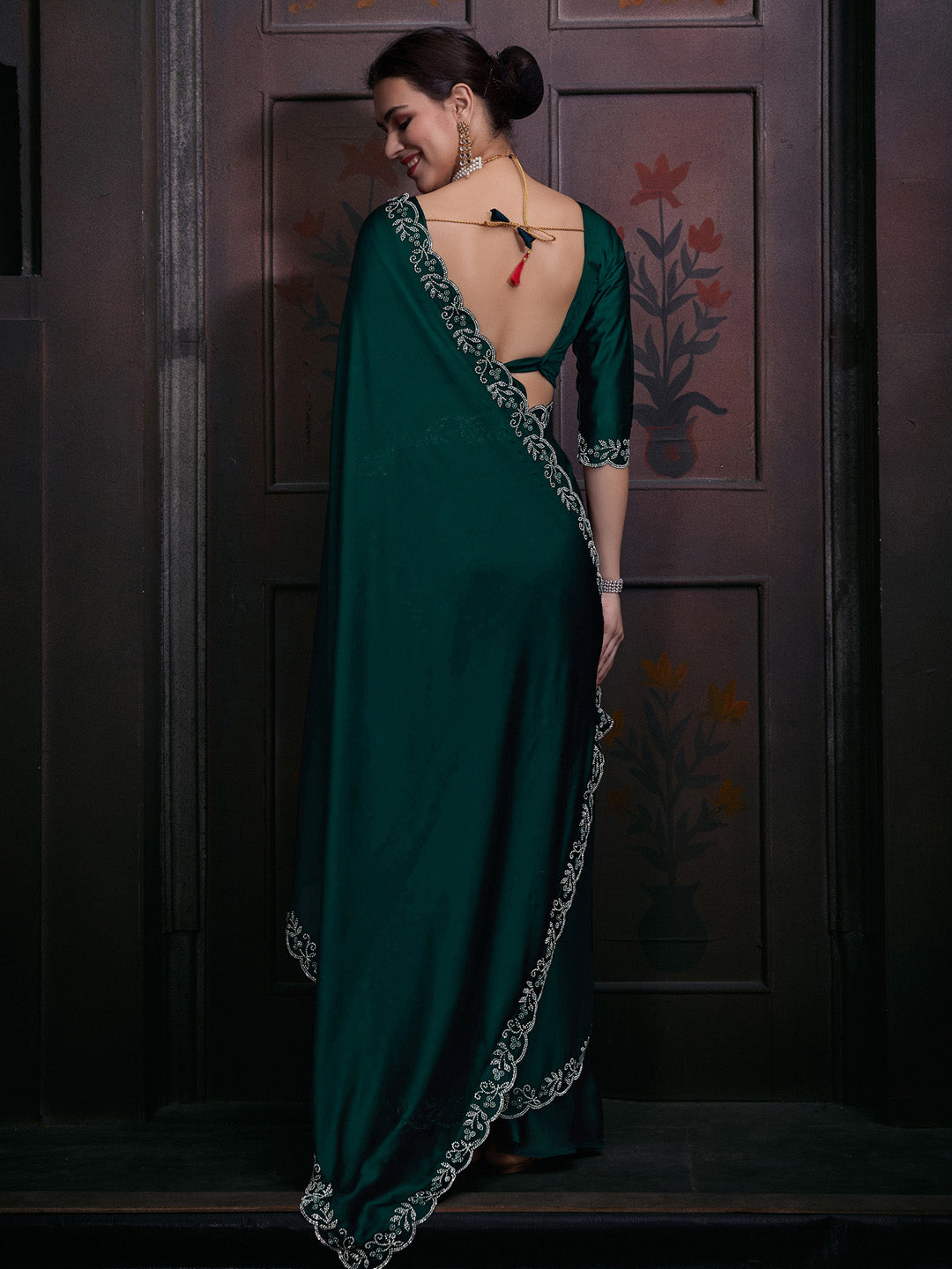 Chiffon Teal green Embellished Designer Saree With Blouse