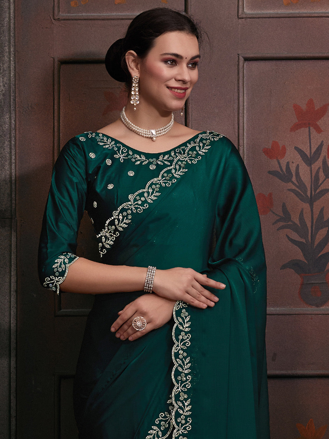 Chiffon Teal green Embellished Designer Saree With Blouse