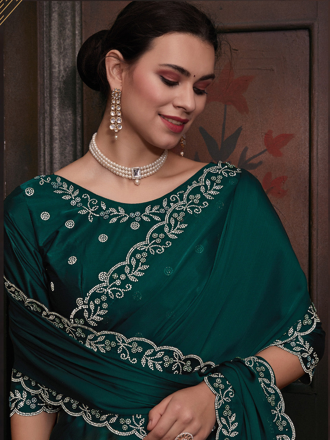 Chiffon Teal green Embellished Designer Saree With Blouse