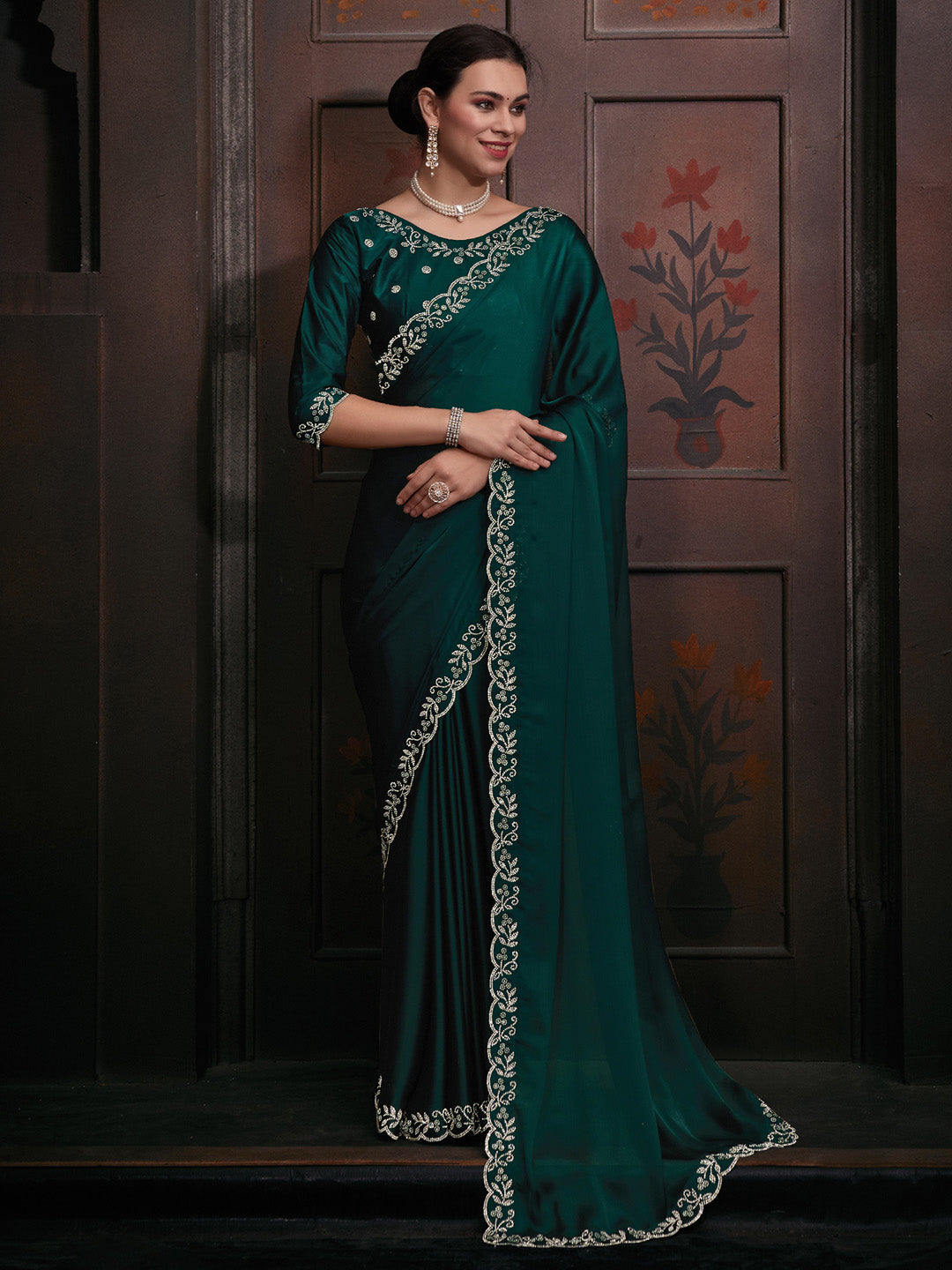 Chiffon Teal green Embellished Designer Saree With Blouse