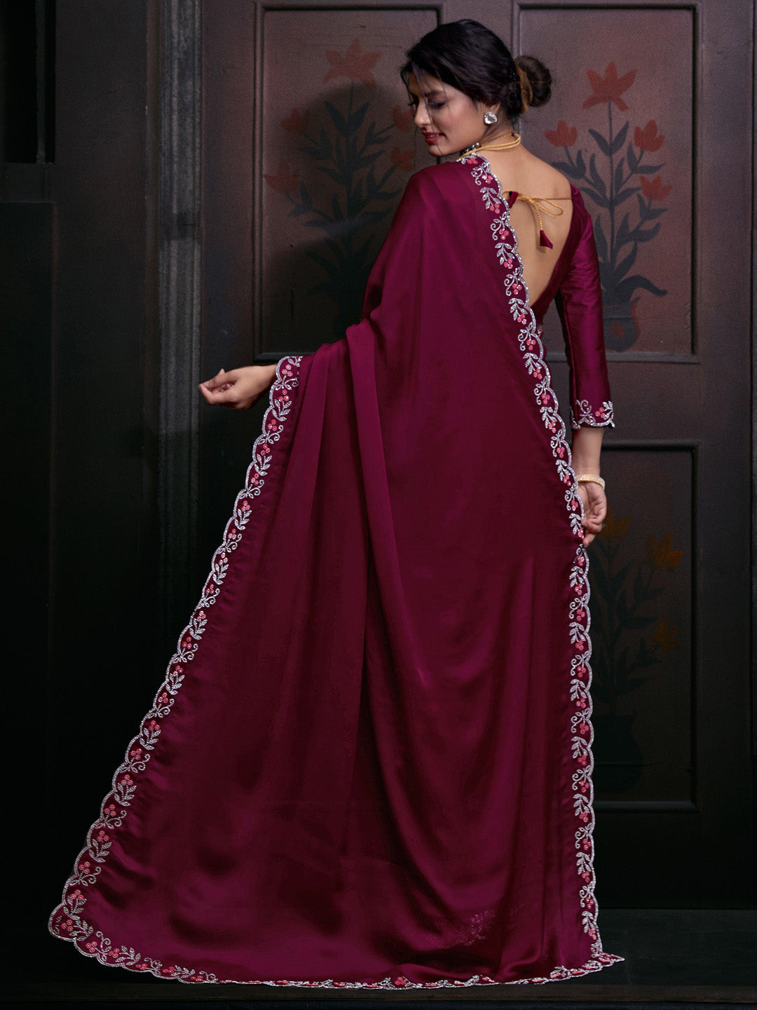 Chiffon Pink Embellished Designer Saree With Blouse