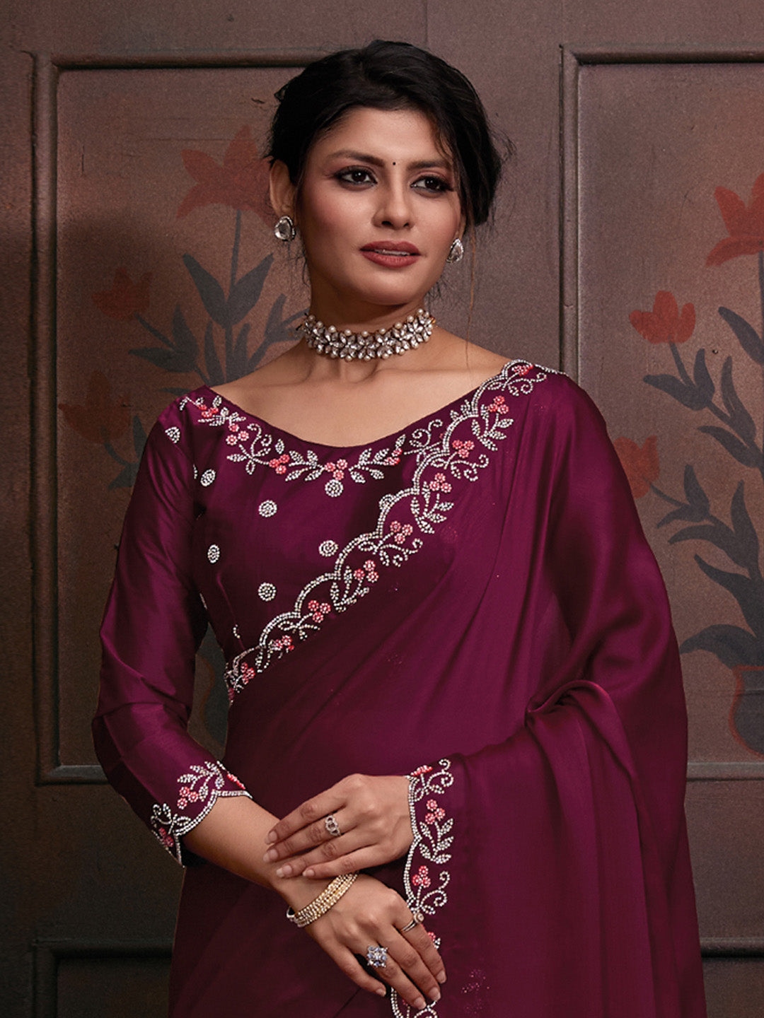 Chiffon Pink Embellished Designer Saree With Blouse