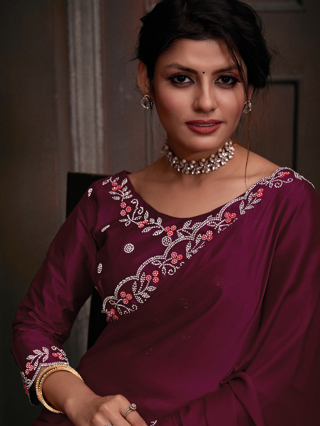 Chiffon Pink Embellished Designer Saree With Blouse