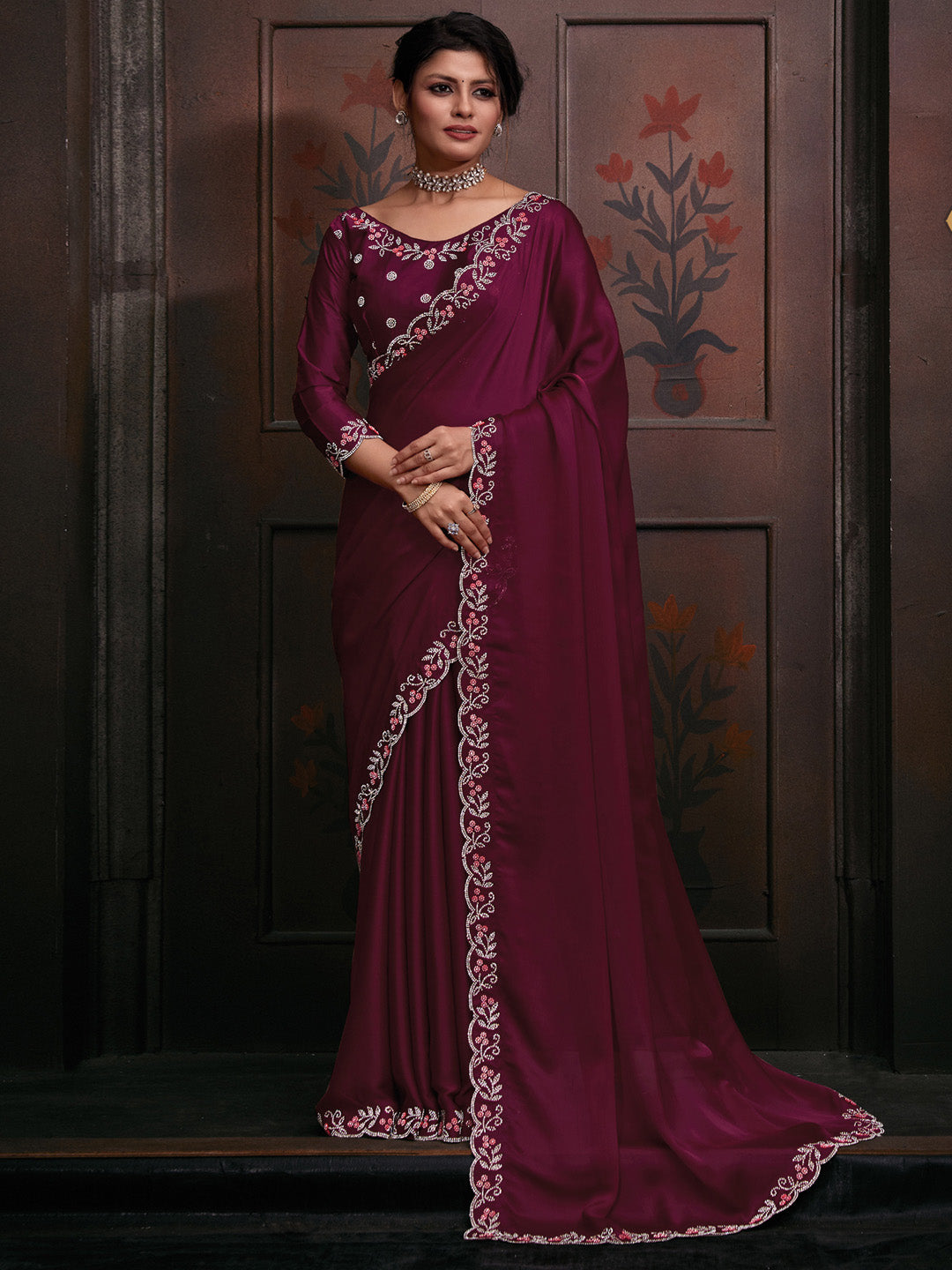 Chiffon Pink Embellished Designer Saree With Blouse