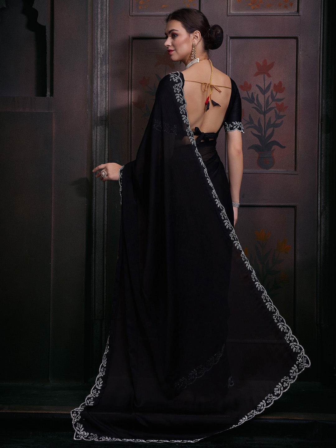 Chiffon Black Embellished Designer Saree With Blouse