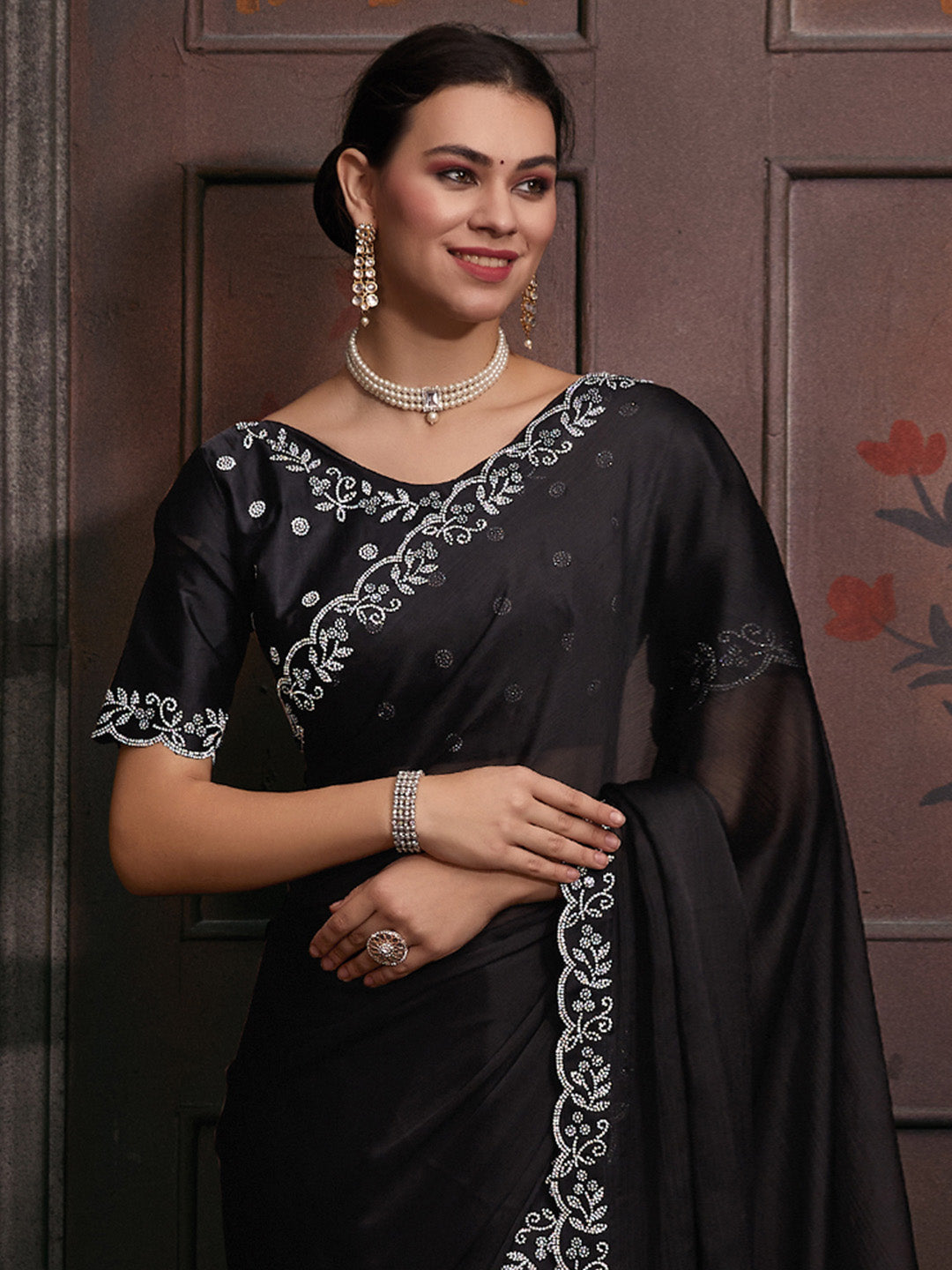 Chiffon Black Embellished Designer Saree With Blouse