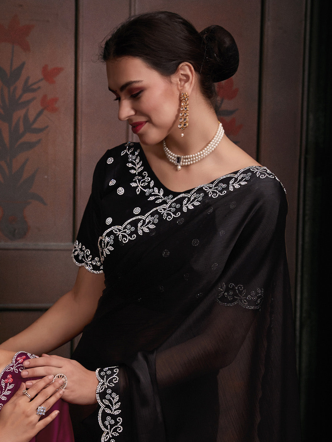 Chiffon Black Embellished Designer Saree With Blouse