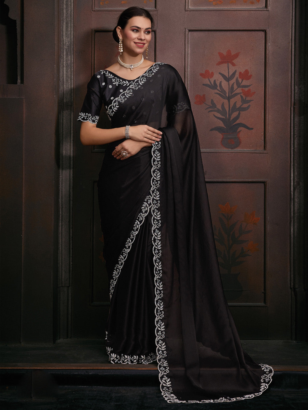 Chiffon Black Embellished Designer Saree With Blouse