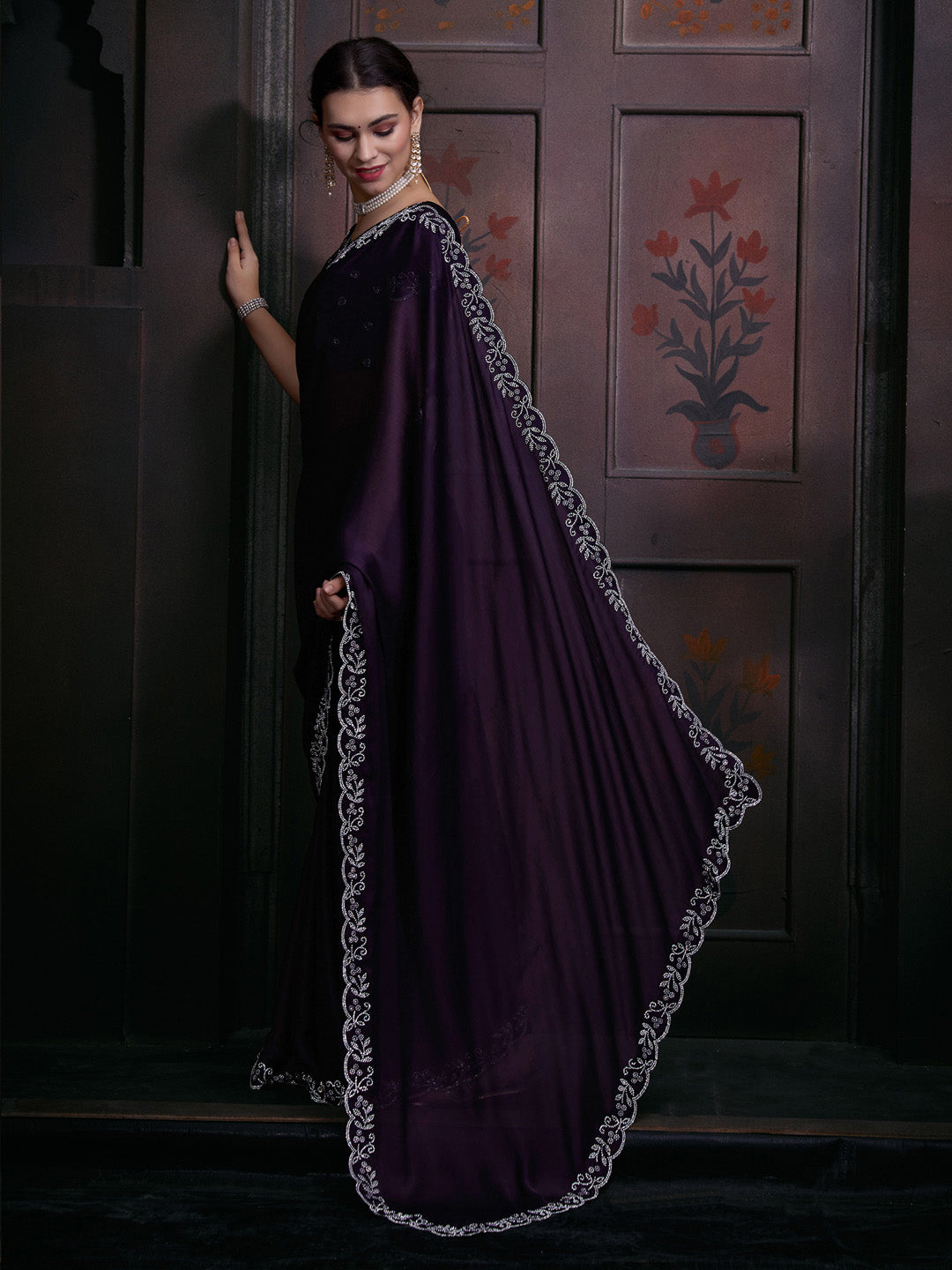 Chiffon Purple Embellished Designer Saree With Blouse