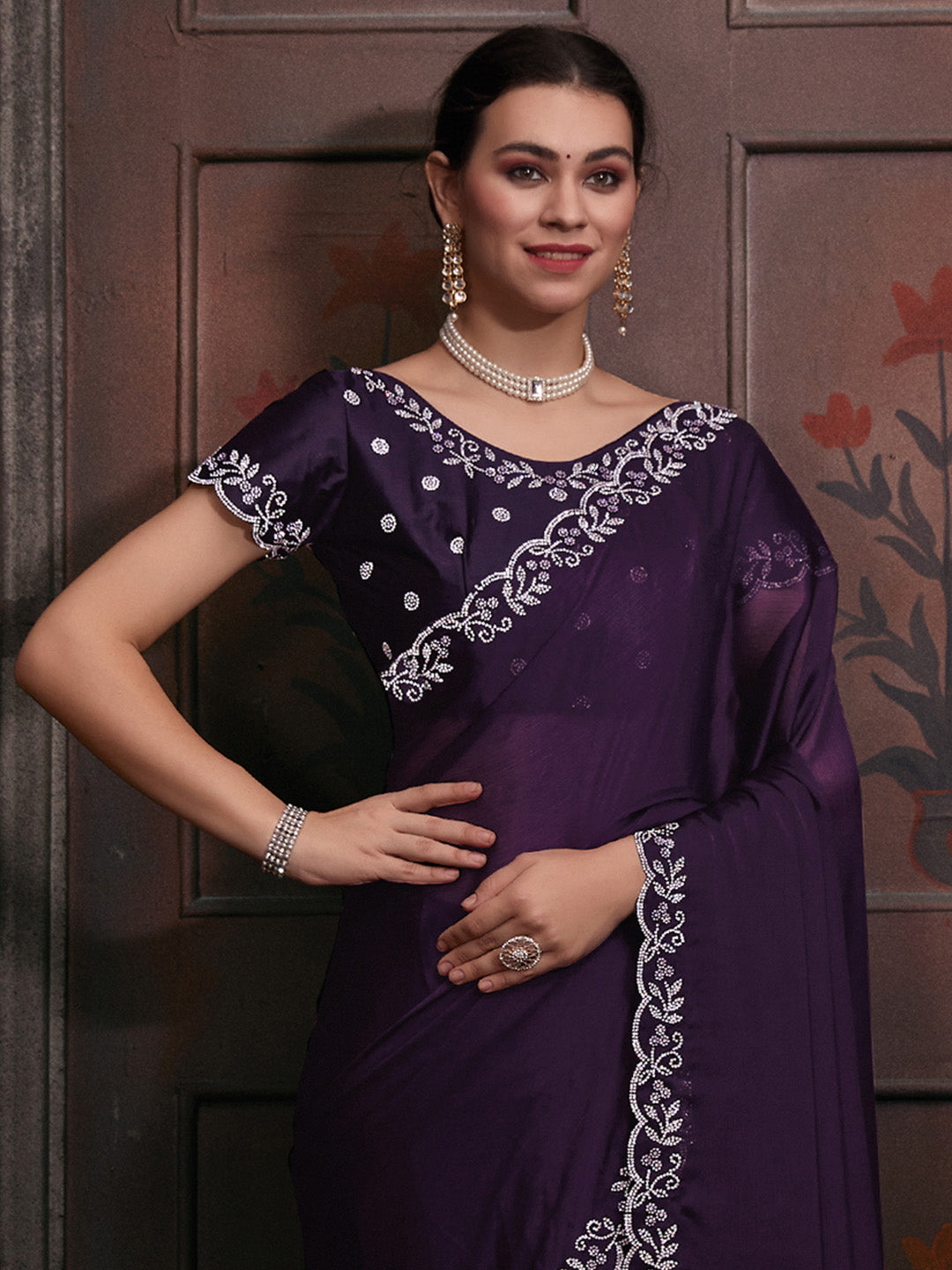 Chiffon Purple Embellished Designer Saree With Blouse