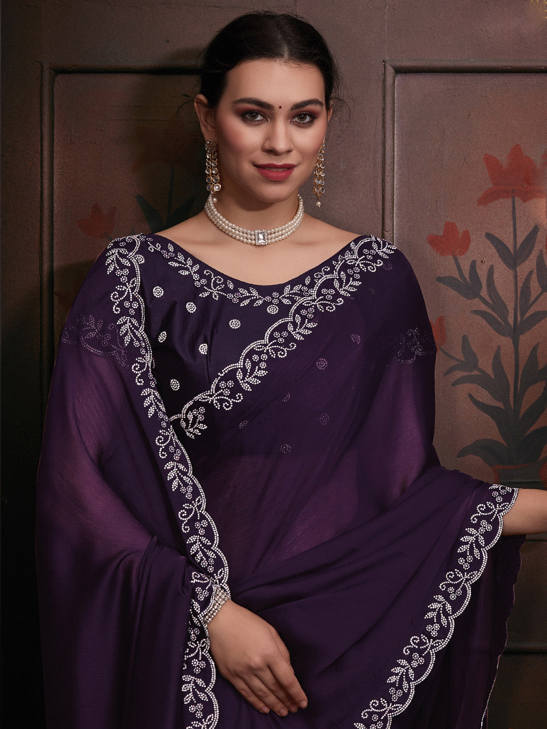 Chiffon Purple Embellished Designer Saree With Blouse