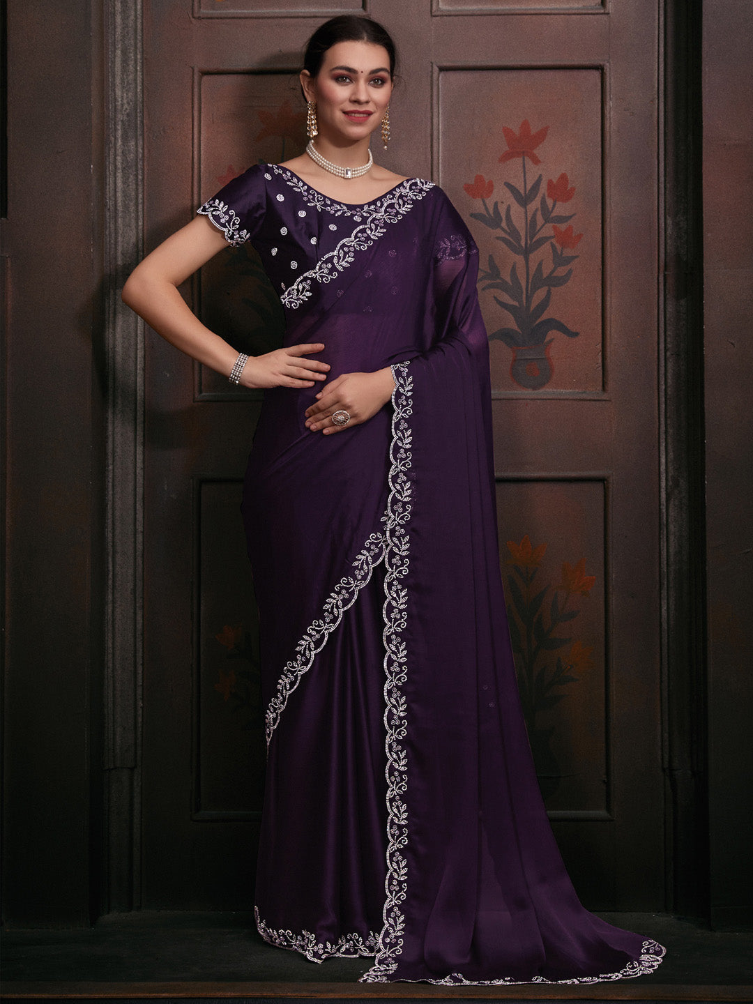 Chiffon Purple Embellished Designer Saree With Blouse