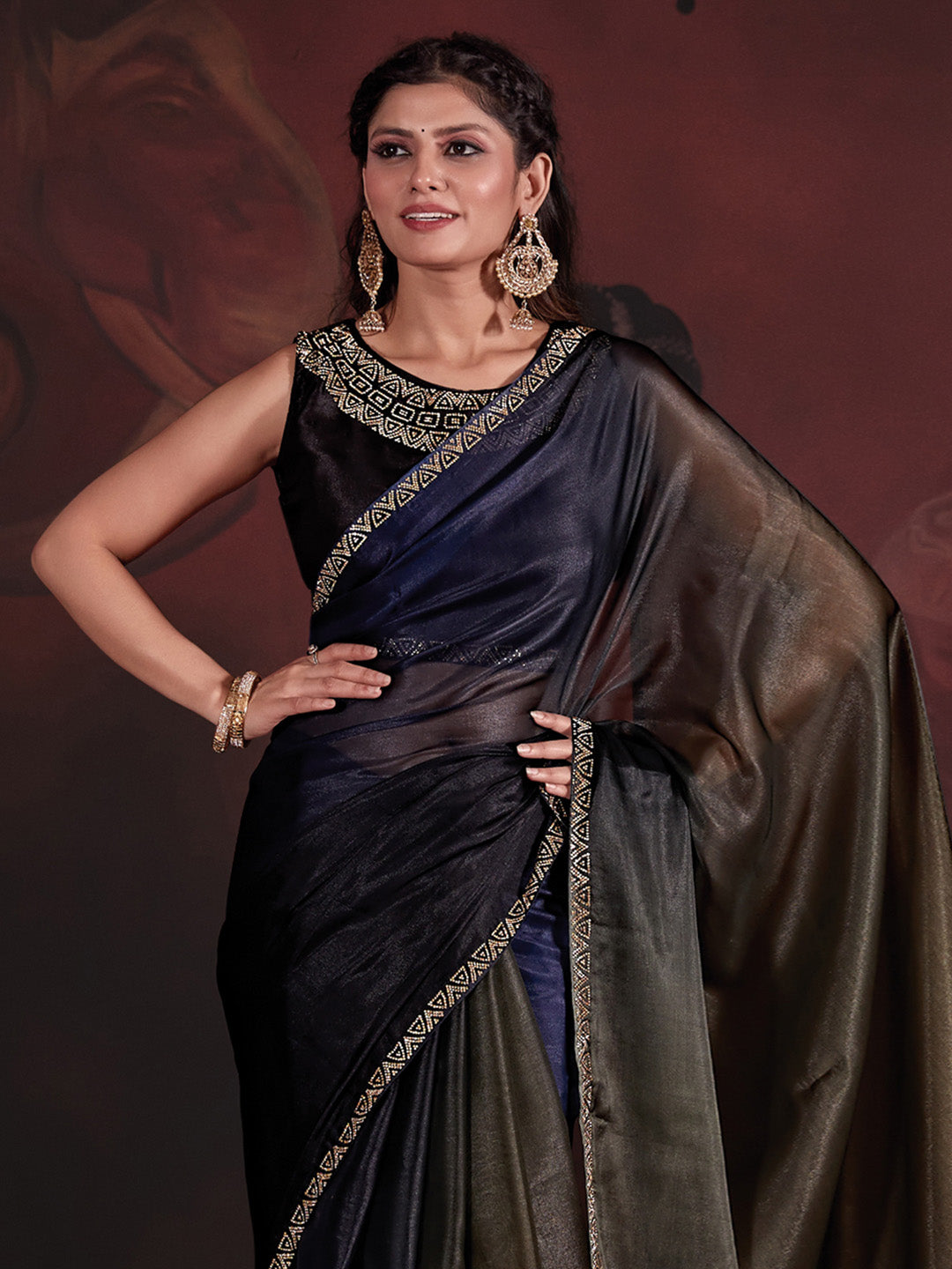 Organza Navy Blue Embellished Designer Saree With Blouse