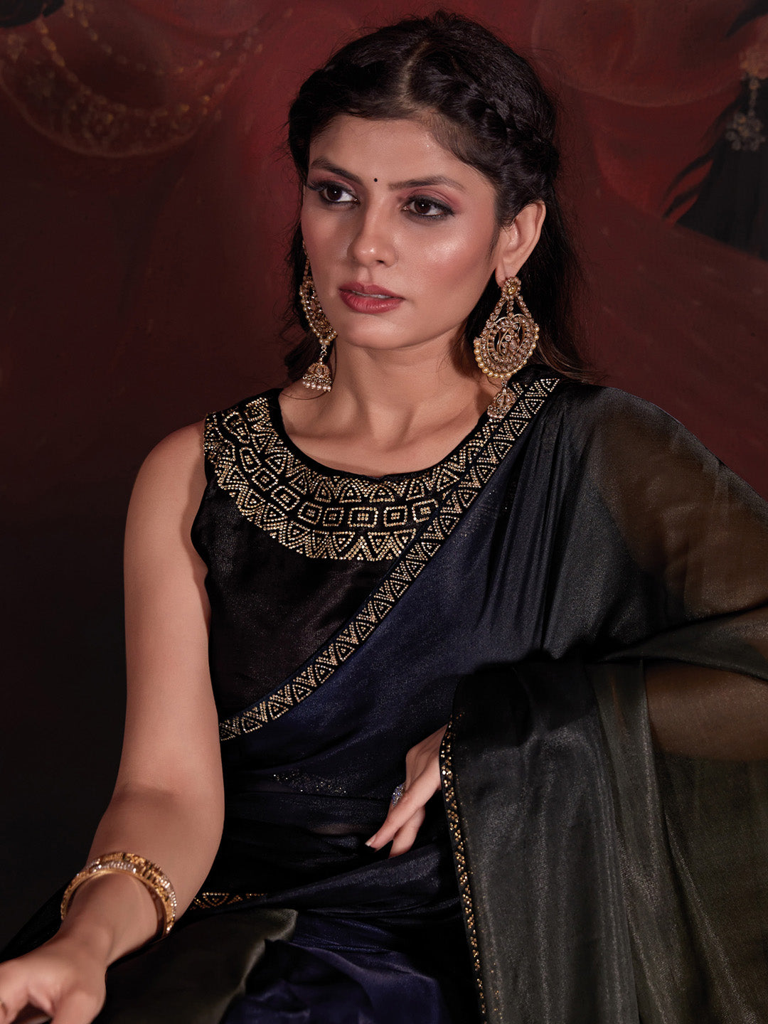 Organza Navy Blue Embellished Designer Saree With Blouse