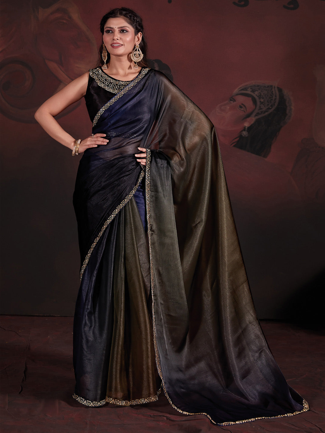 Organza Navy Blue Embellished Designer Saree With Blouse