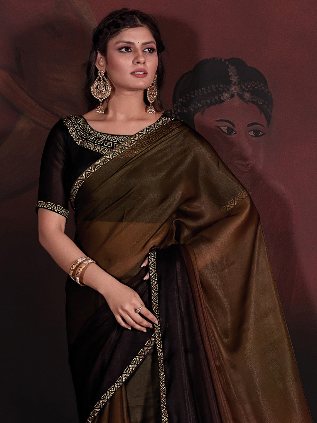 Organza Brown Embellished Designer Saree With Blouse