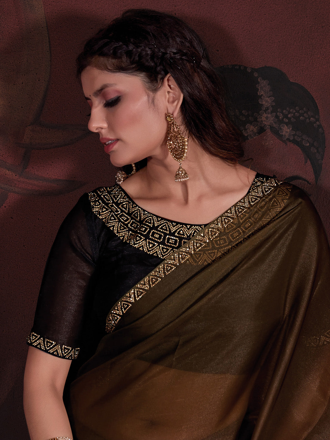 Organza Brown Embellished Designer Saree With Blouse