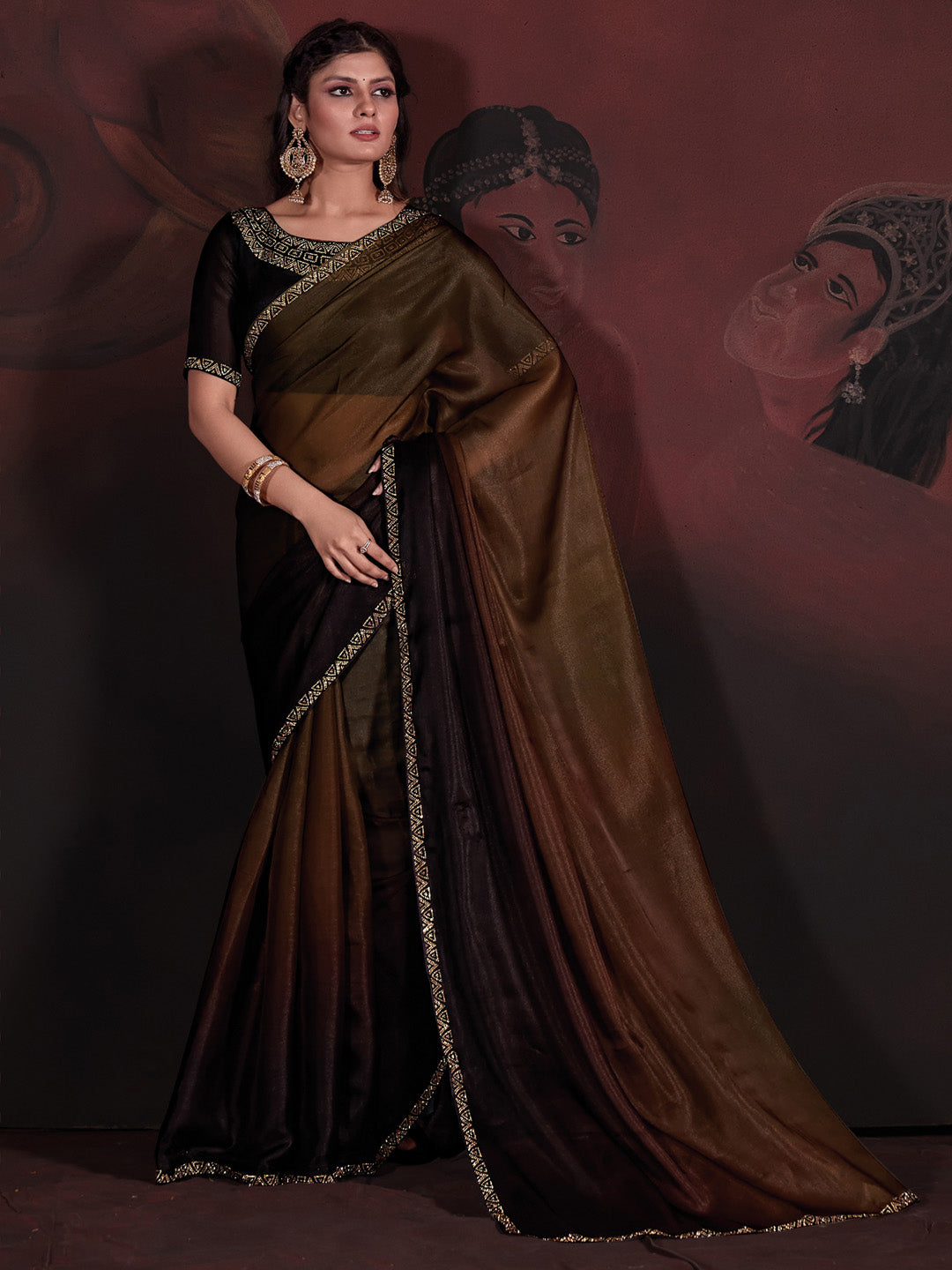 Organza Brown Embellished Designer Saree With Blouse