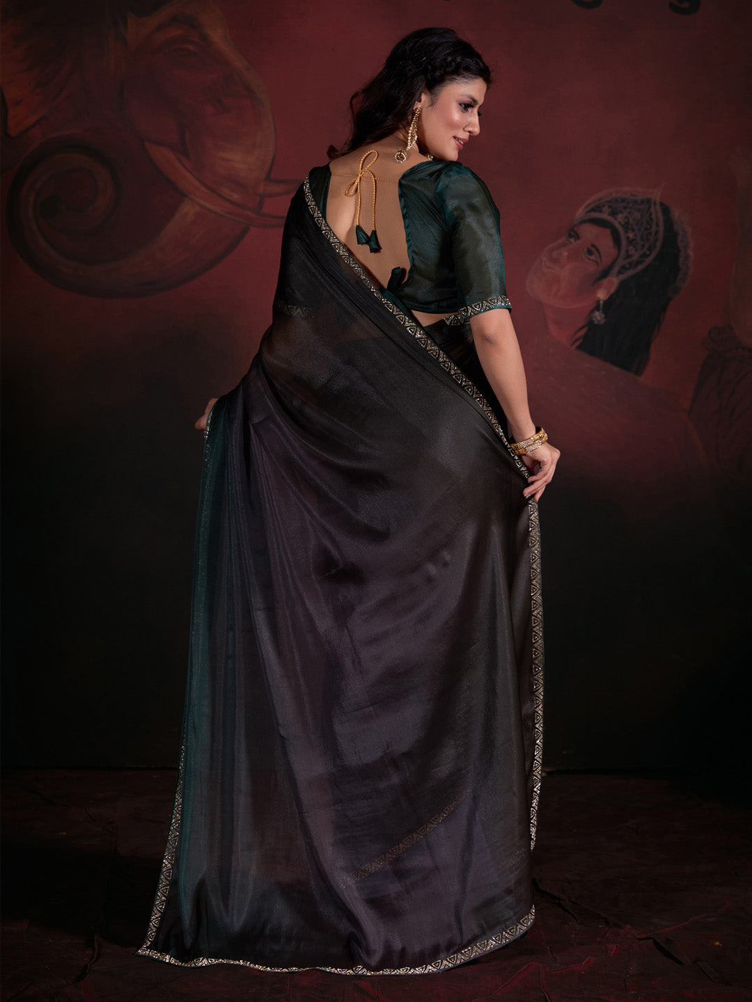 Organza Dark Green Embellished Designer Saree With Blouse