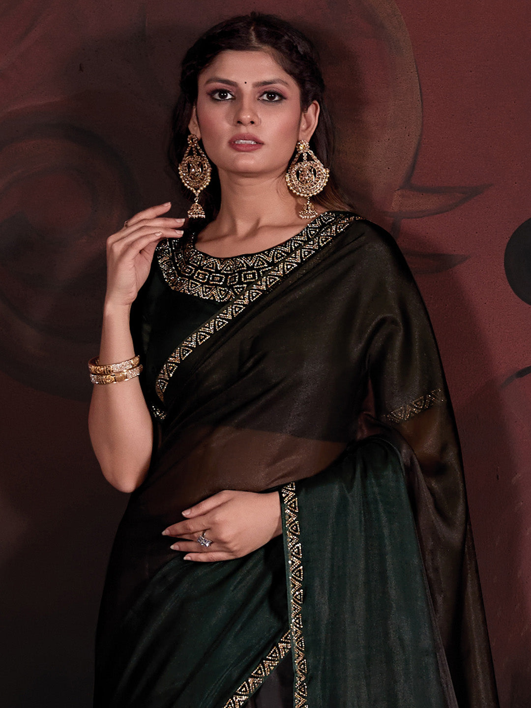 Organza Dark Green Embellished Designer Saree With Blouse