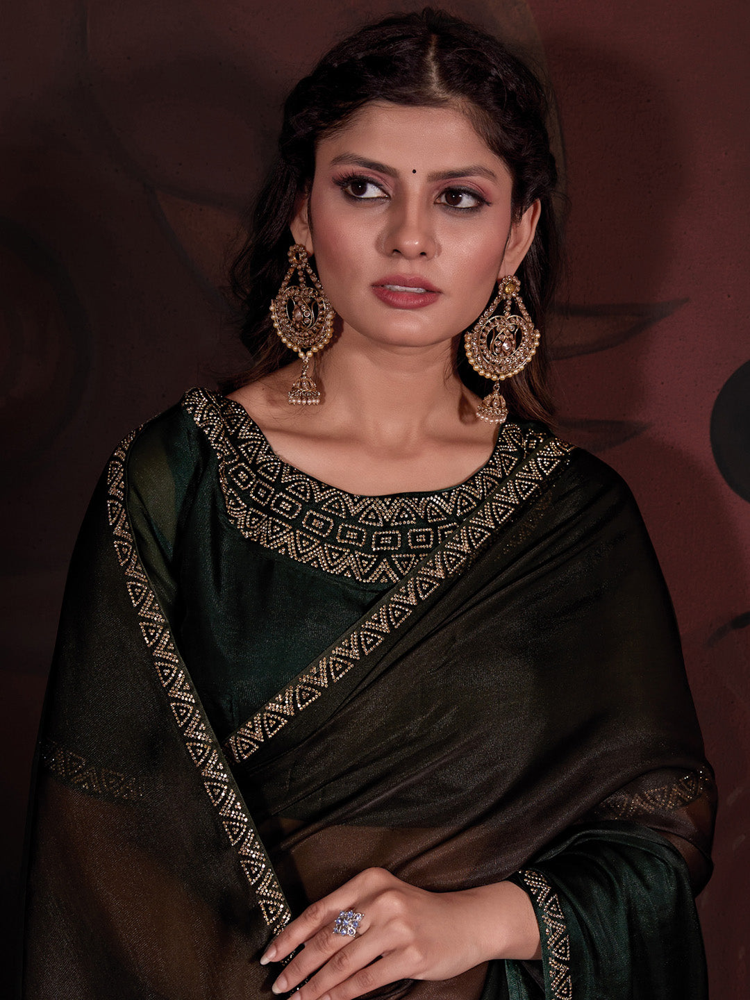 Organza Dark Green Embellished Designer Saree With Blouse