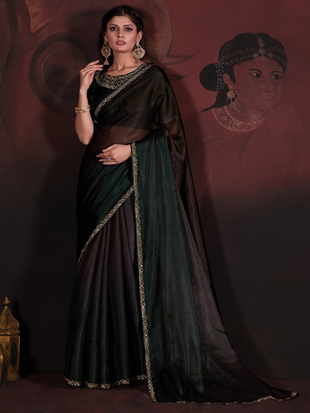 Organza Dark Green Embellished Designer Saree With Blouse