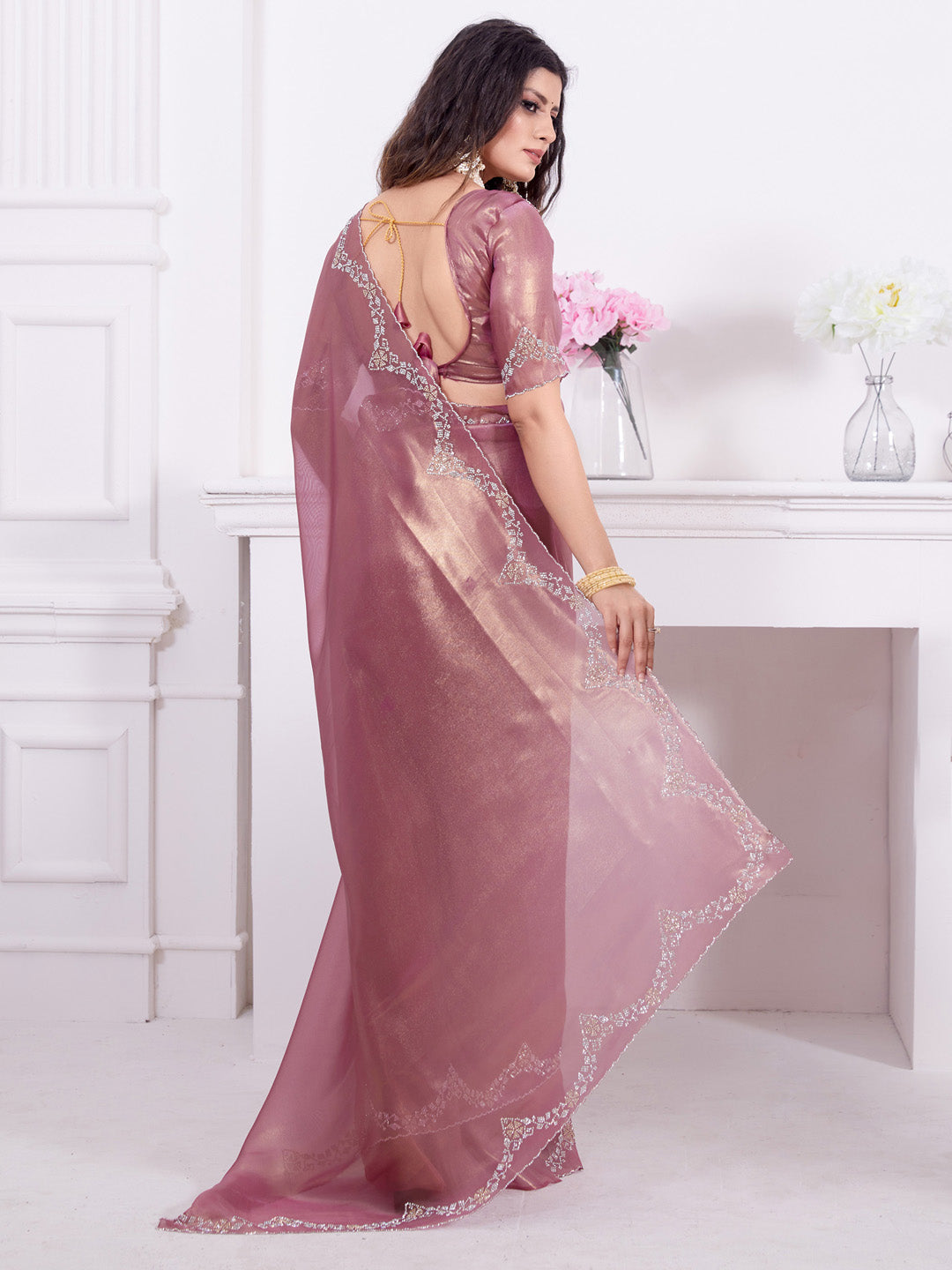 Organza Burgundy Embellished Designer Saree With Blouse