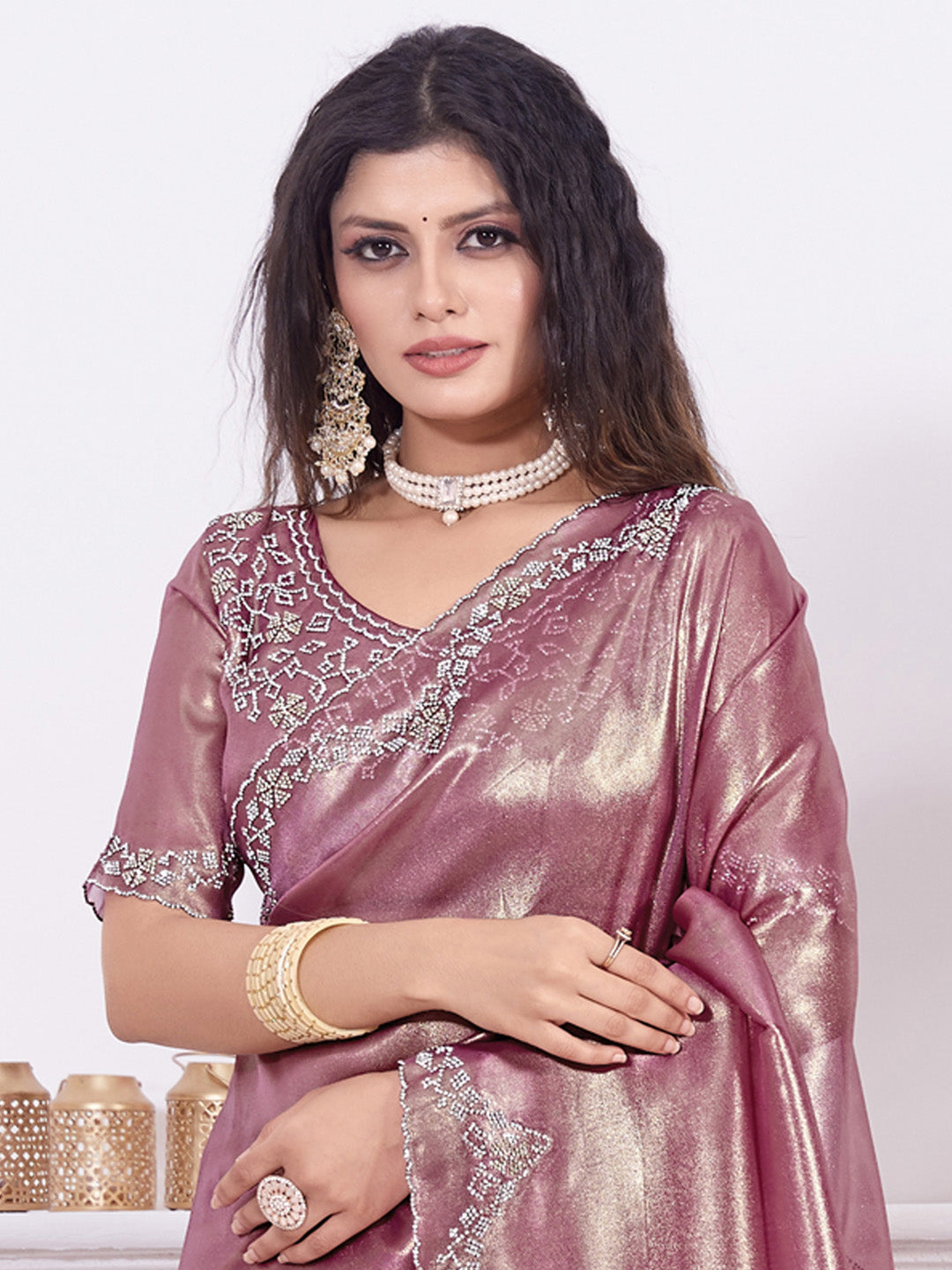 Organza Burgundy Embellished Designer Saree With Blouse