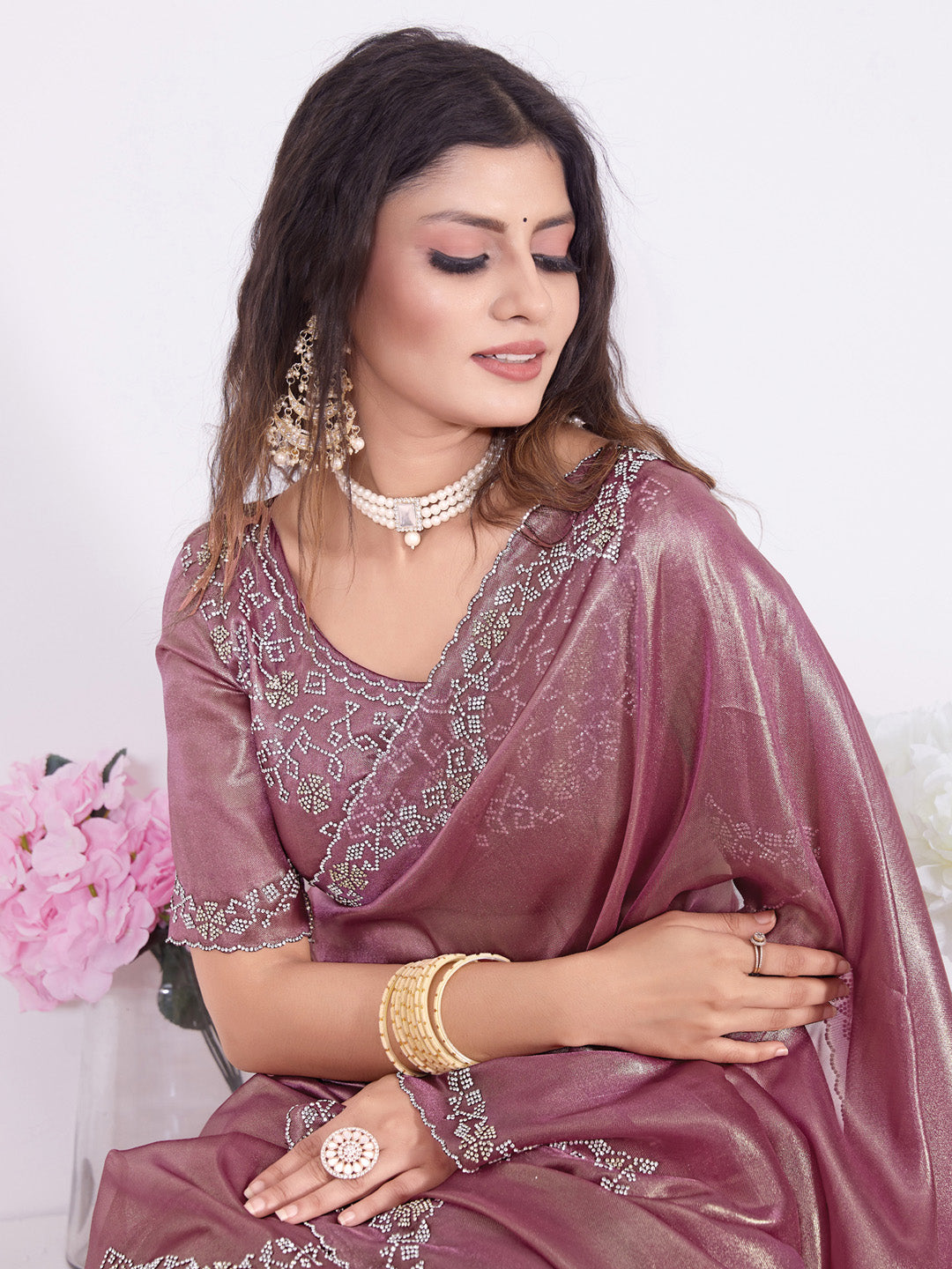 Organza Burgundy Embellished Designer Saree With Blouse