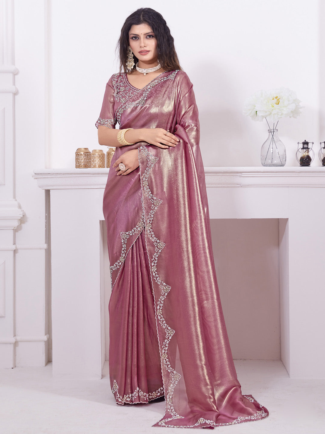 Organza Burgundy Embellished Designer Saree With Blouse