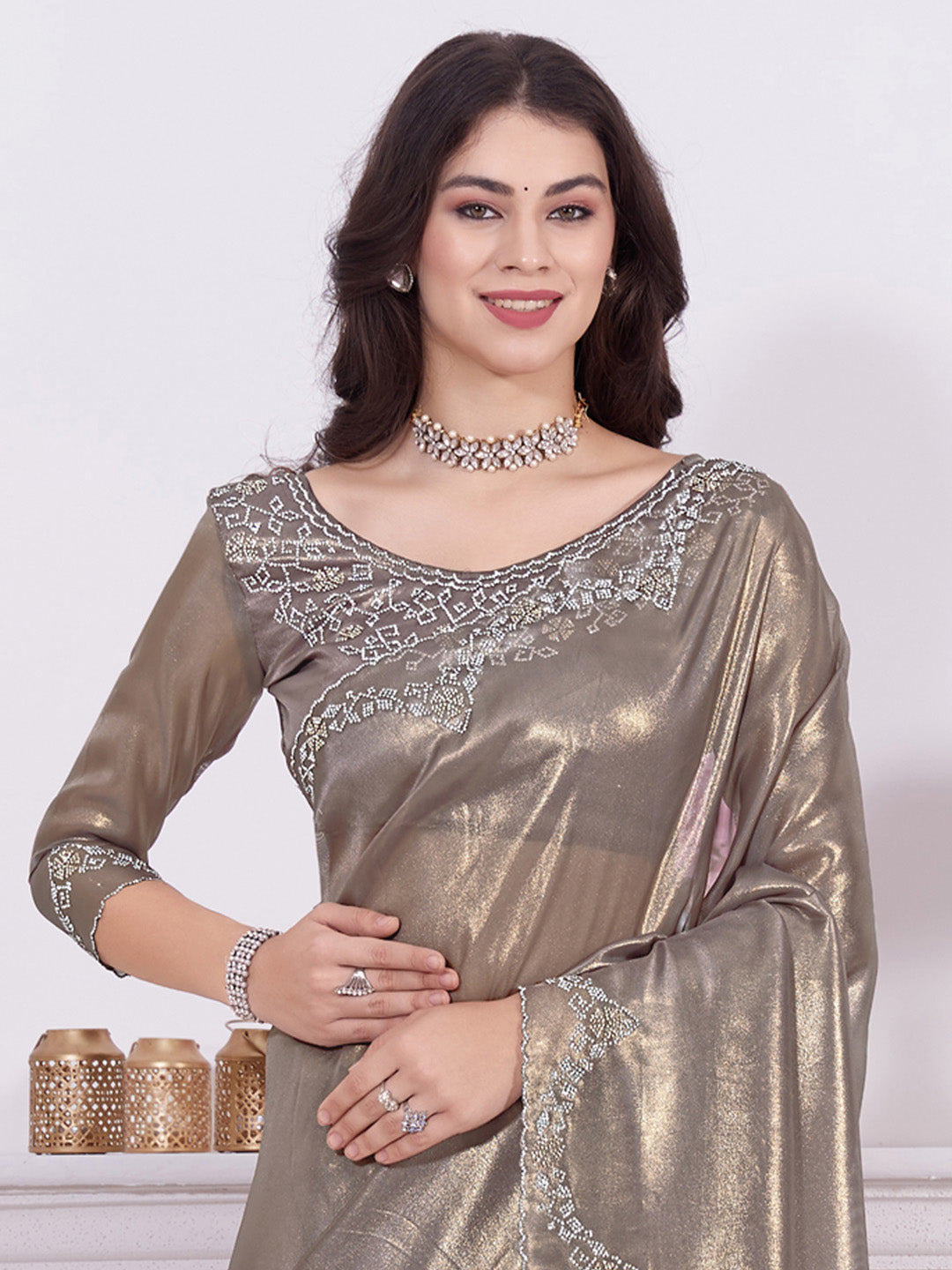 Organza Bronze Embellished Designer Saree With Blouse