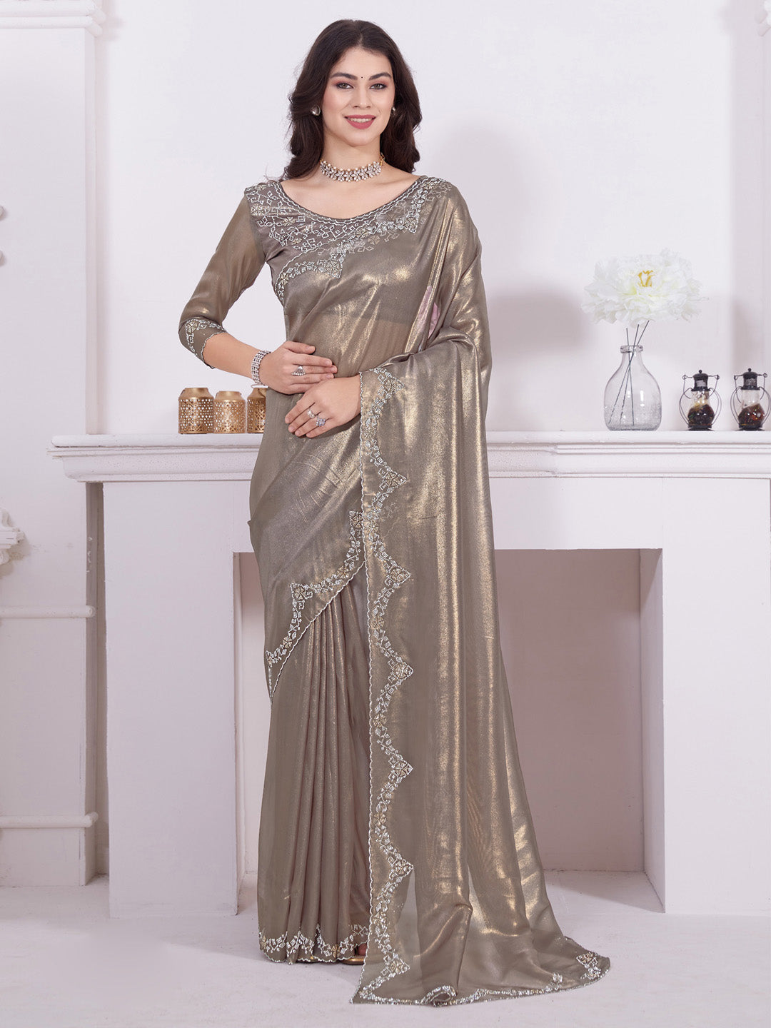 Organza Bronze Embellished Designer Saree With Blouse