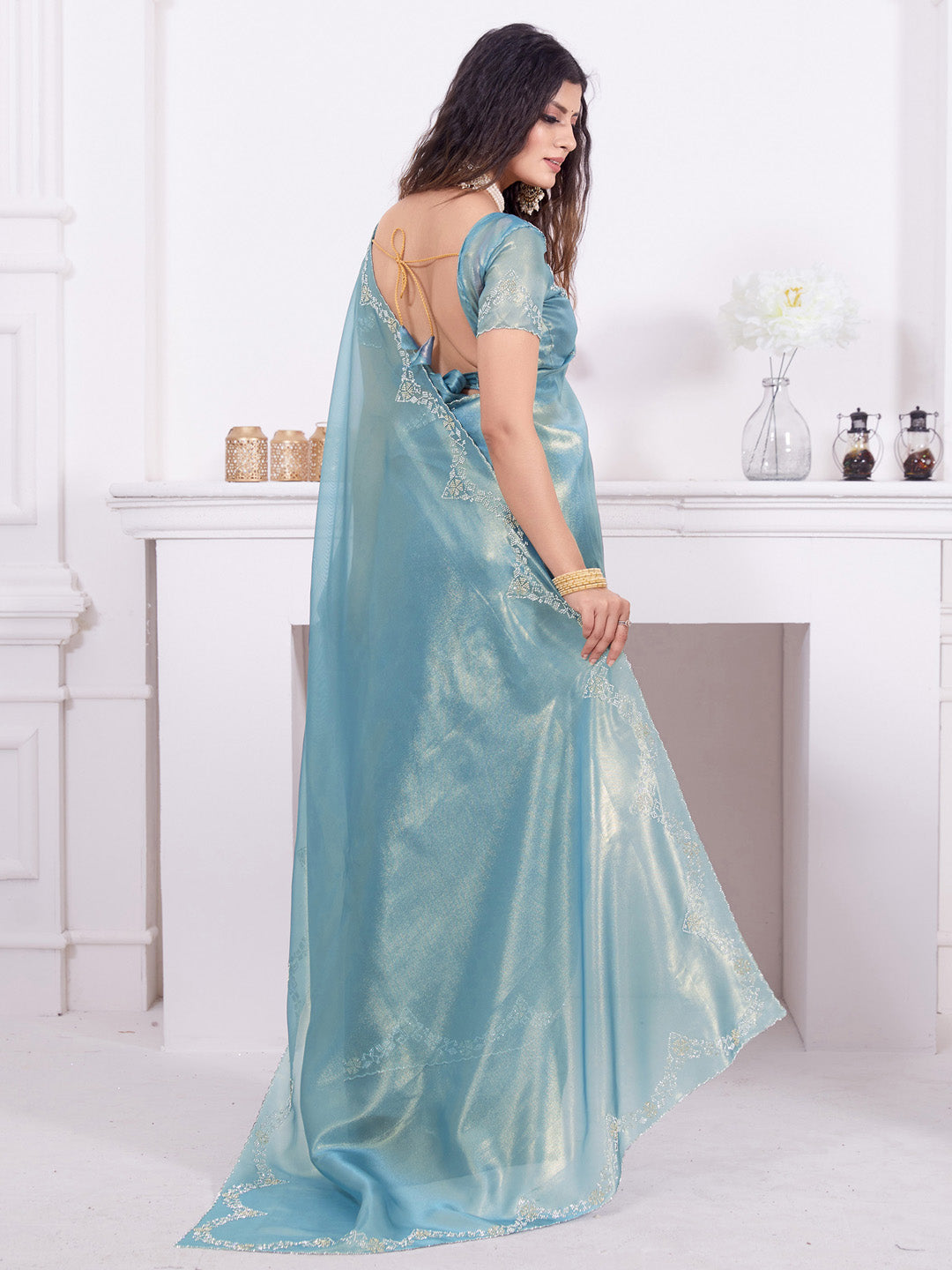 Organza Teal blue Embellished Designer Saree With Blouse