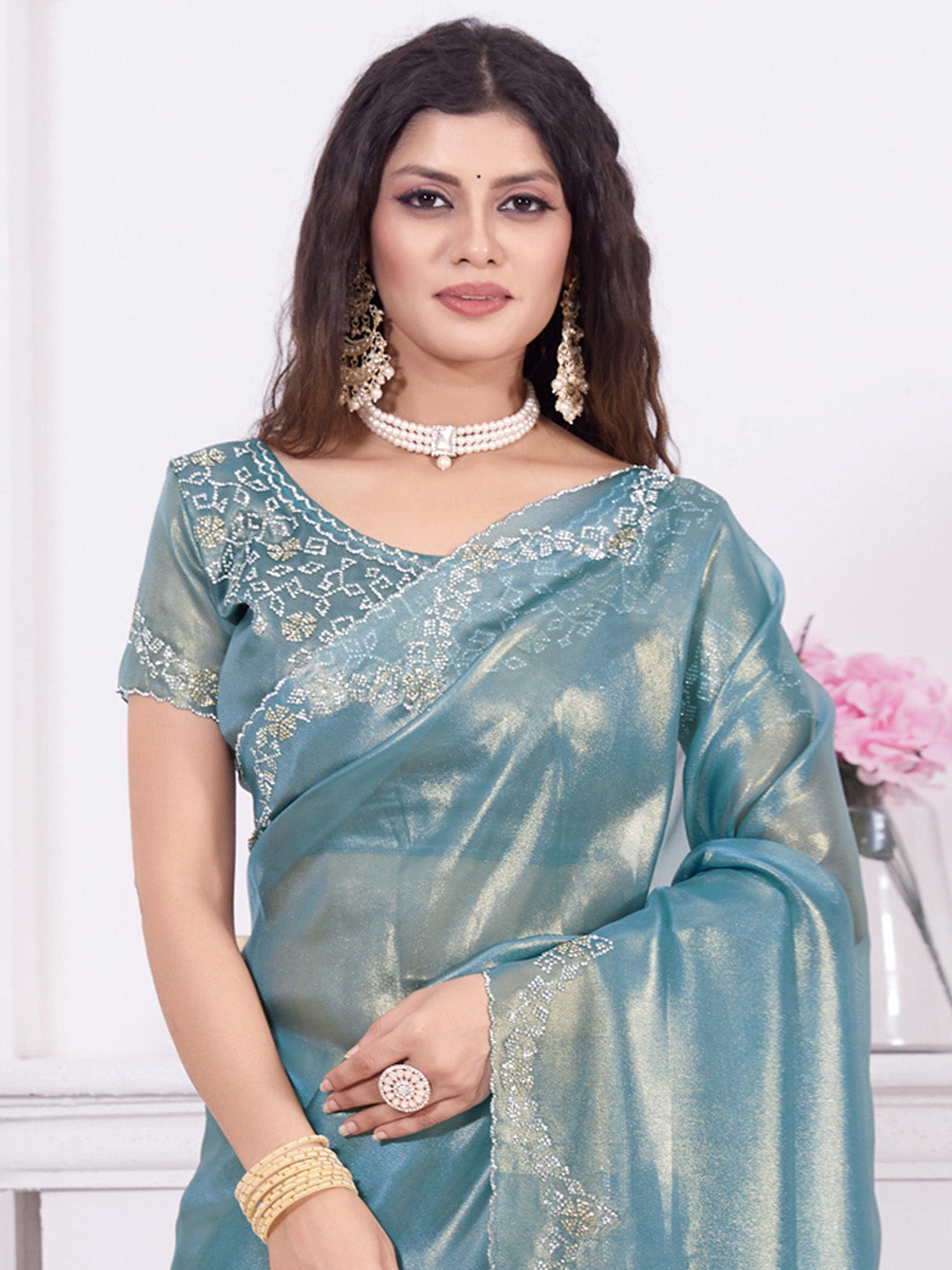 Organza Teal blue Embellished Designer Saree With Blouse