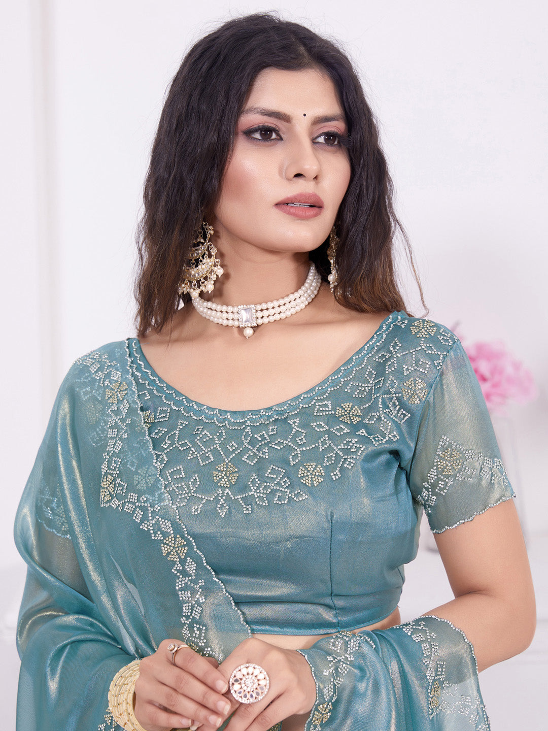 Organza Teal blue Embellished Designer Saree With Blouse