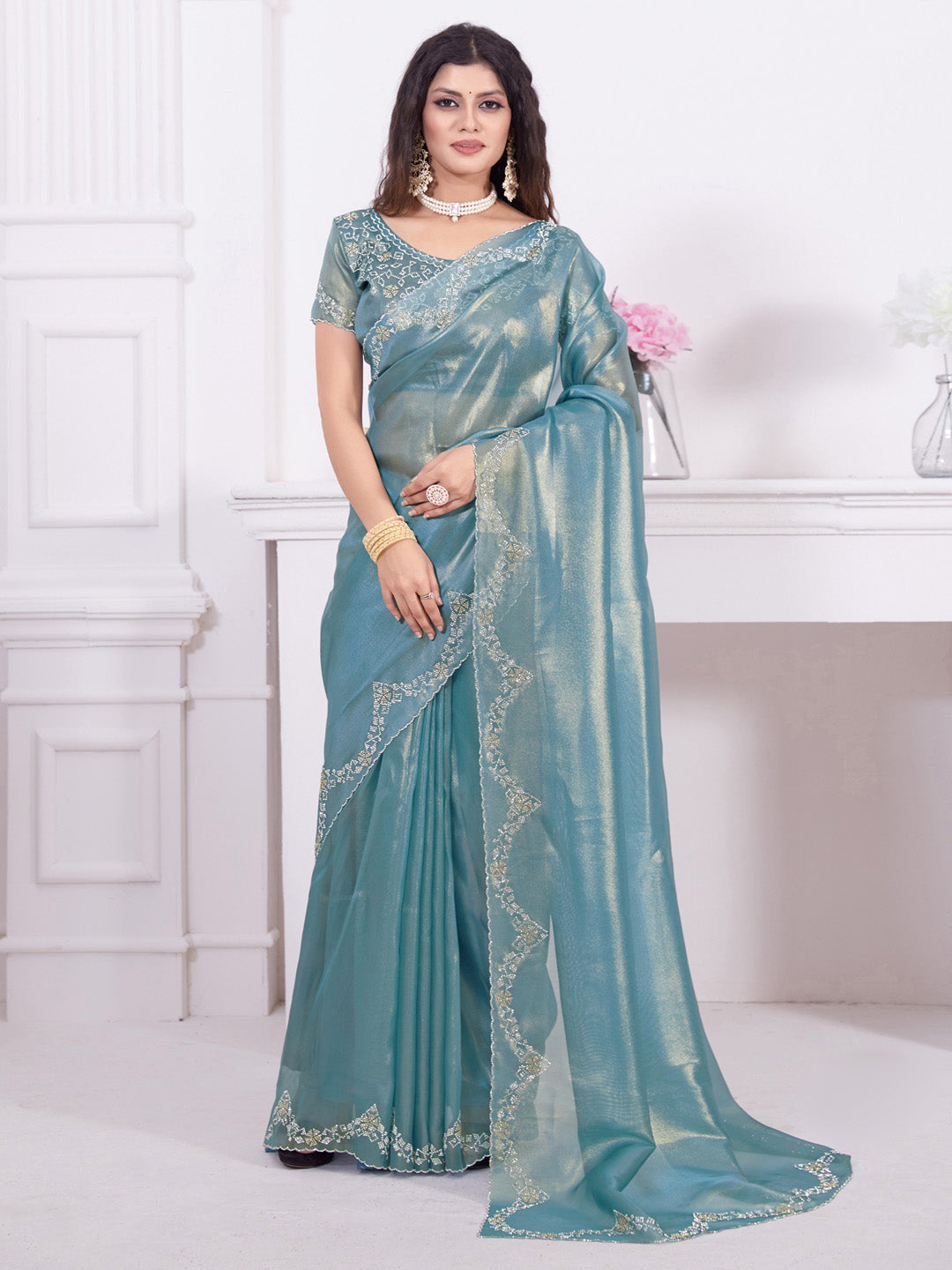 Organza Teal blue Embellished Designer Saree With Blouse